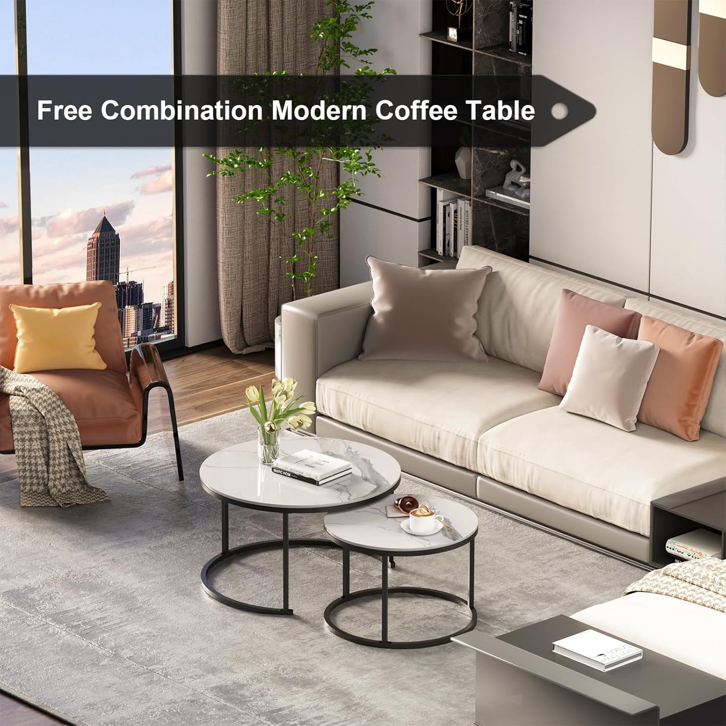 Round Nesting White Modern Decorative Coffee Table (Set of 2), Sintered Stone Top & Sturdy Metal Frame for Living Room