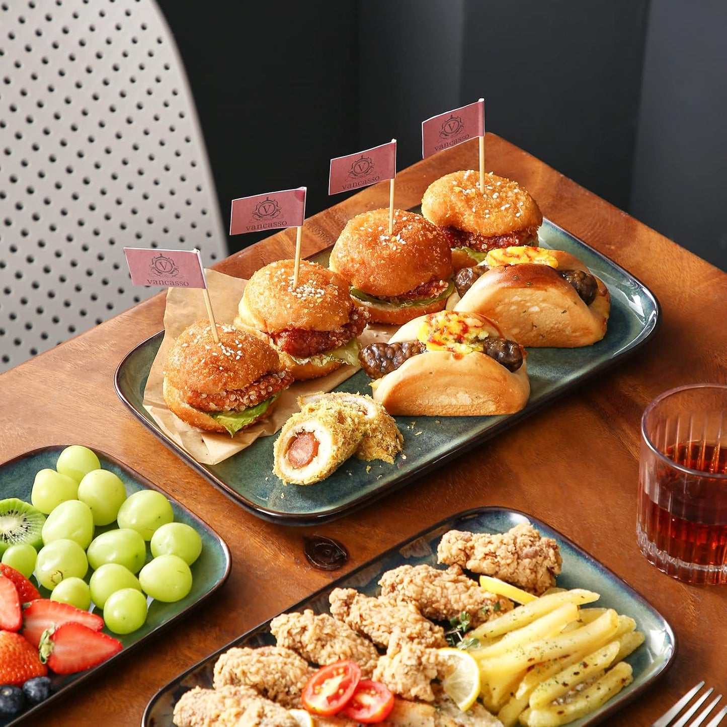 vancasso Stern Serving Platters Set of 3, 15/13/ 11 Inches Rectangular Serving Plates, Green Serving Trays for Entertaining, Party