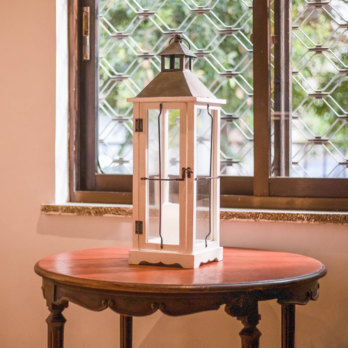 Bdor 2 Pack 26in Farmhouse White Waterproof Wood Metal Decorative Lanterns with Remote Control, Timer, Tempered Glass, Flameless Pillar Candles, Decorative Lanterns for Front Porch, Wedding