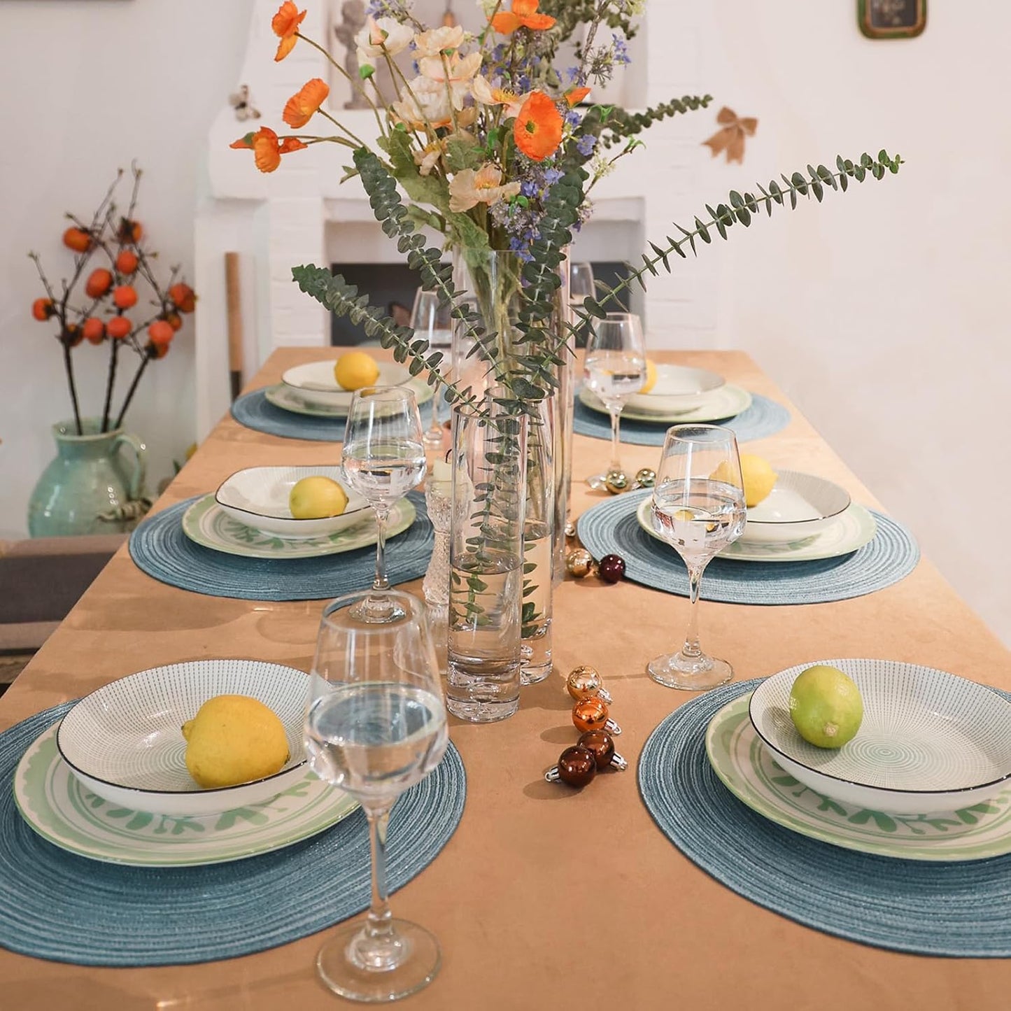 AHHFSMEI Round Braided Placemats Set of 6 Round Table Mats for Dining Tables Natural Woven Heat Resistant Place mats 15 Inch (Sky Blue)