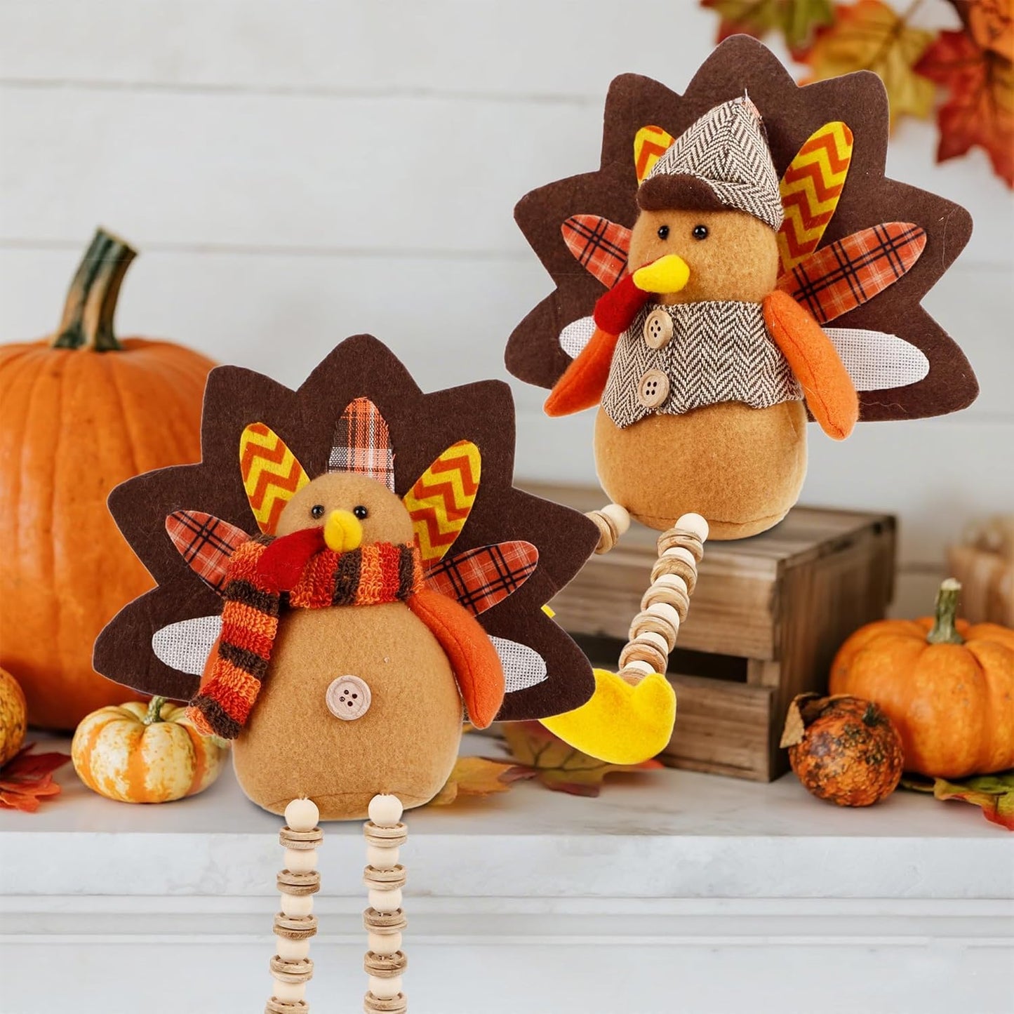 winemana Thanksgiving Decorations Set of 2 Turkeys with Dangling Legs, Mr and Mrs Turkey Couple Plush Tabletop Centerpieces for Fall Harvest Home Kitchen Shelf