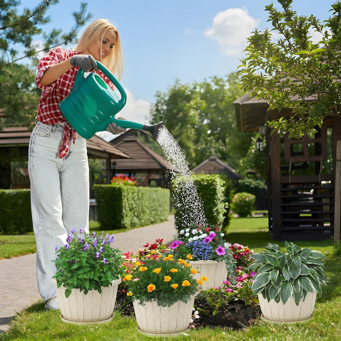 Quarut 12 Inch Large Planter Pot for Plants Indoor Outdoor, 4 Pack Plastic Flower Pots with Drainage Hole & Tray, Modern Decorative Garden Pot with Saucer, Plant Container for House(White)