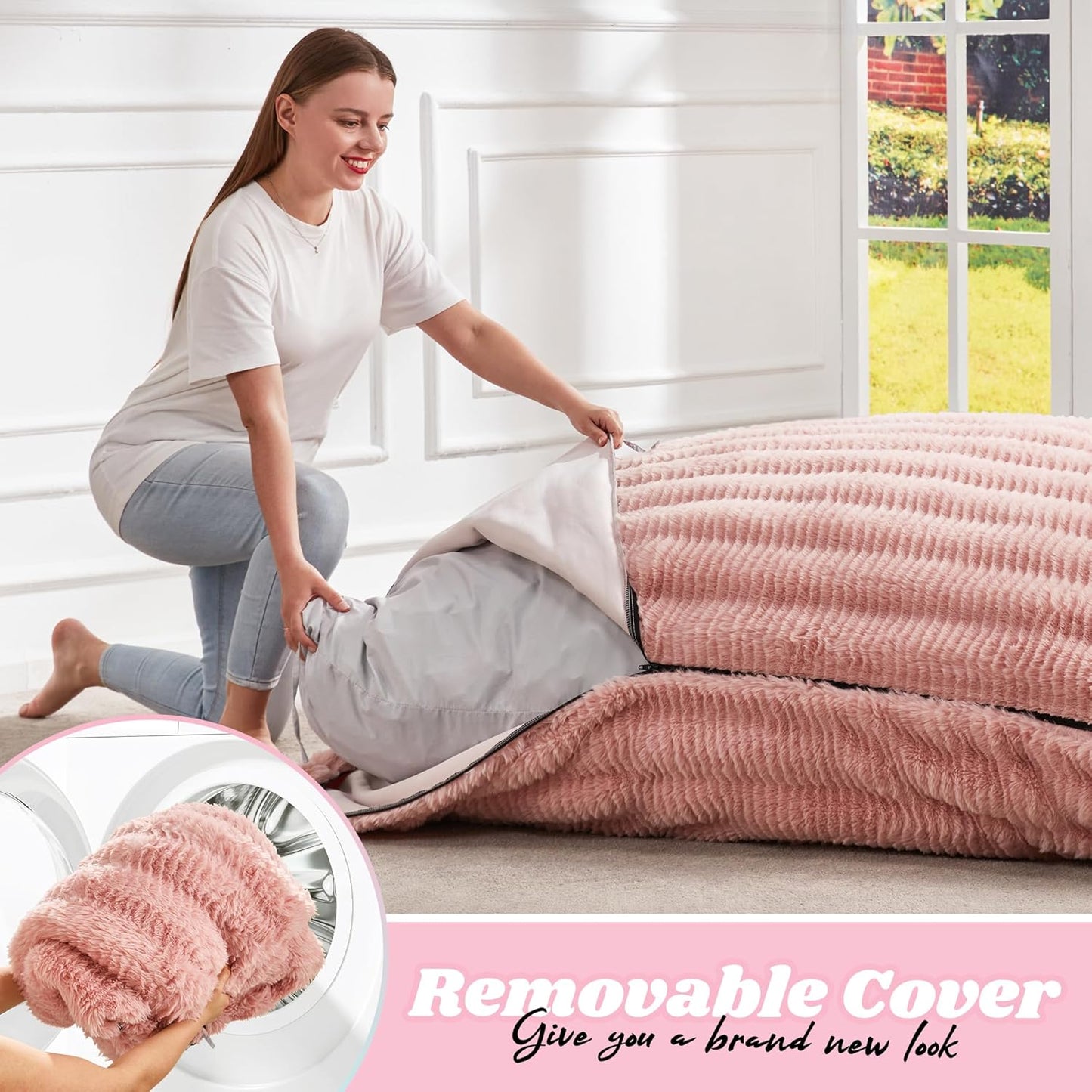 Hobestluk 3 in 1 Bean Bag Chair Giant Bean Bag Chairs for Adults with Ripple Cover Convertible Bean Bag Floor Cushion with Machine Washable Cover for Living Room (Ripple Pink)