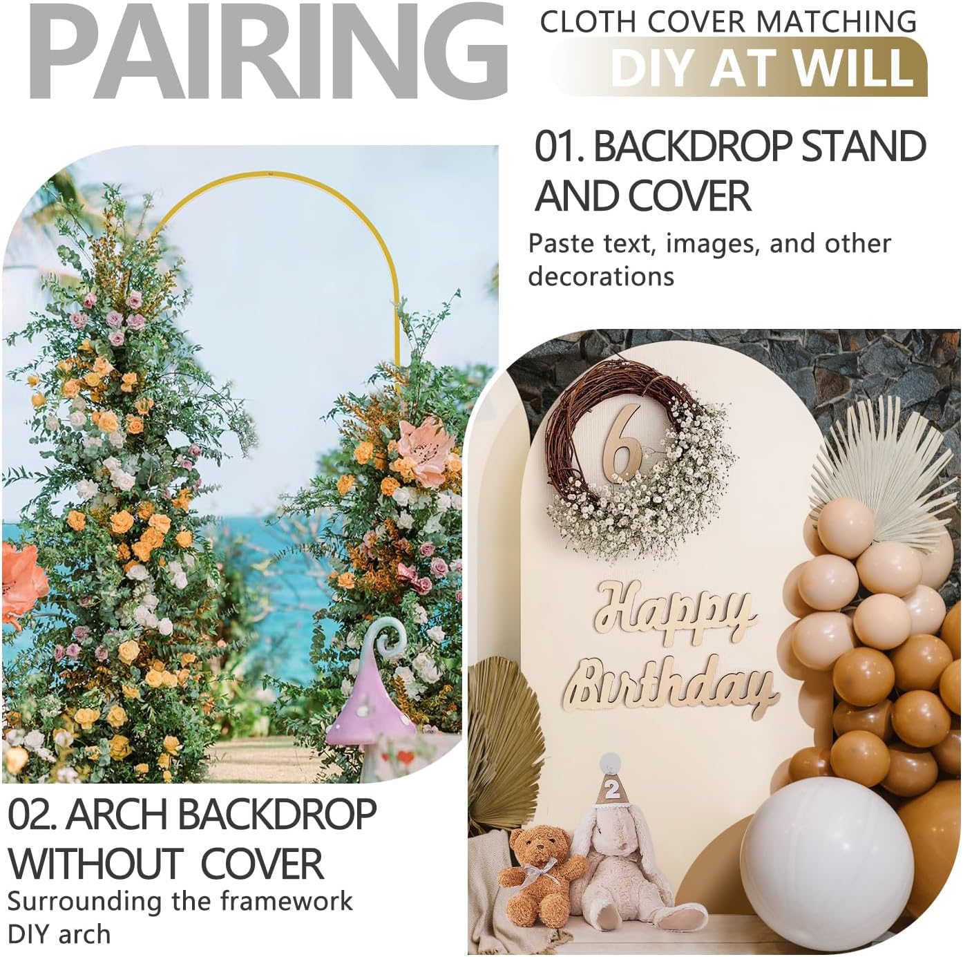 Arch Backdrop Stand and Cover Set, 3 Metal Balloon Arch Backdrop 7.2ft 6.6ft 6ft, Gold Arched Stand Frame for Wedding, Parties,Birthday, Backdrop Decorations (Beige,7.2ft+6.6ft+6ft)