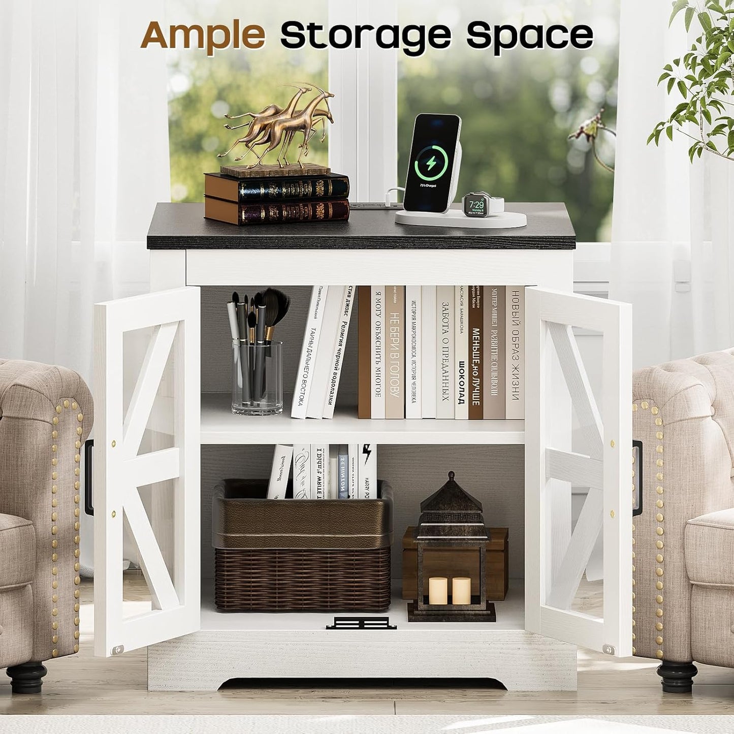 Farmhouse Side Table - 24" Large Night Stand Set 2, Wood Nightstand with Charging Station, Bedside Table with Adjustable Shelf, End Tables Living Room, Rustic Bed Side Tables Bedroom, White