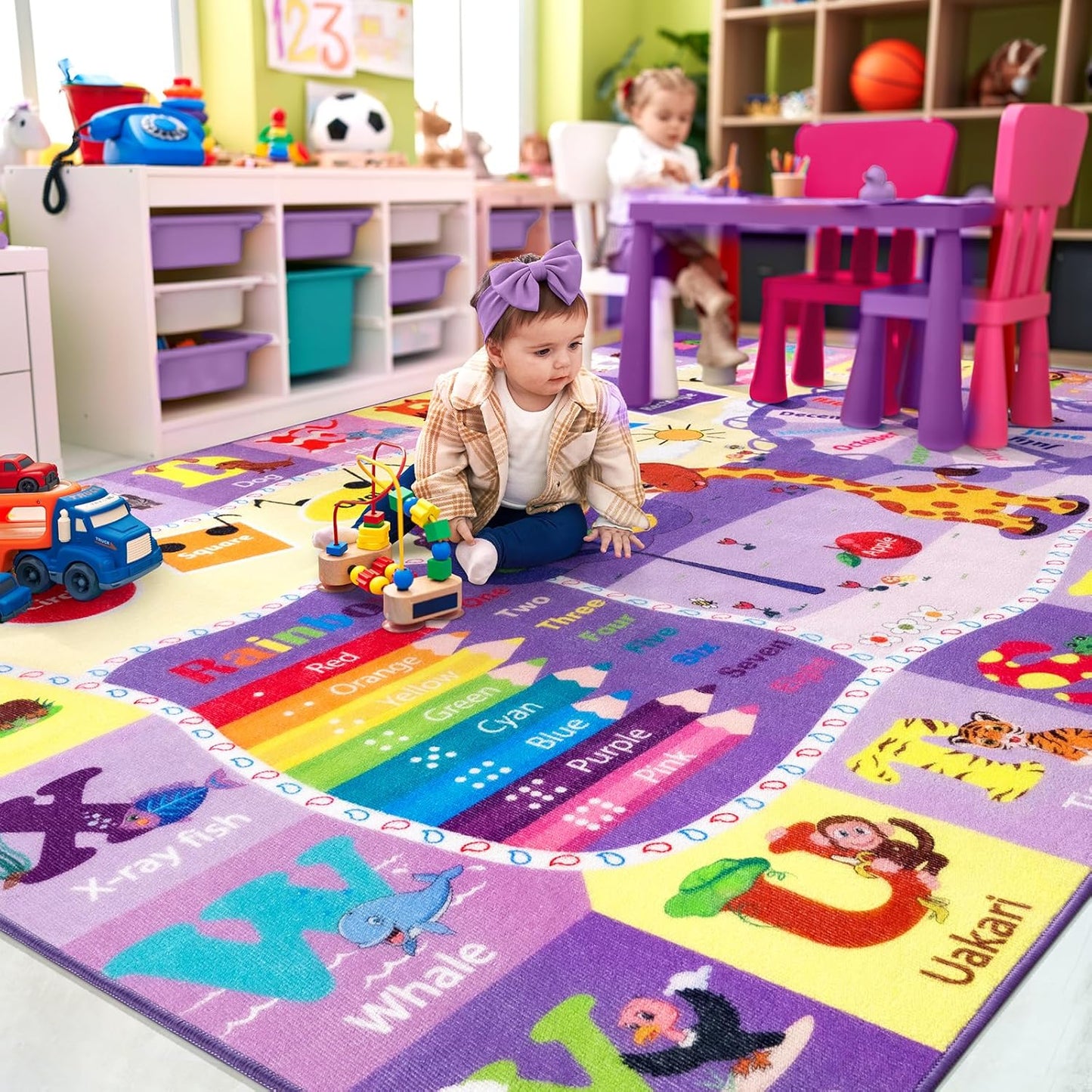 Kids Rugs for Playroom Bedroom Classroom Nursery, Non-Slip and Washable Rugs for Children Toddlers Girls, Educational and Fun Rug Carpets with ABC Alphabet Animals Shapes, 7x10, Purple