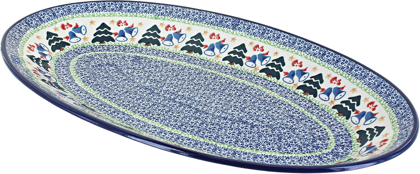Blue Rose Polish Pottery Winter Bells Oval Platter