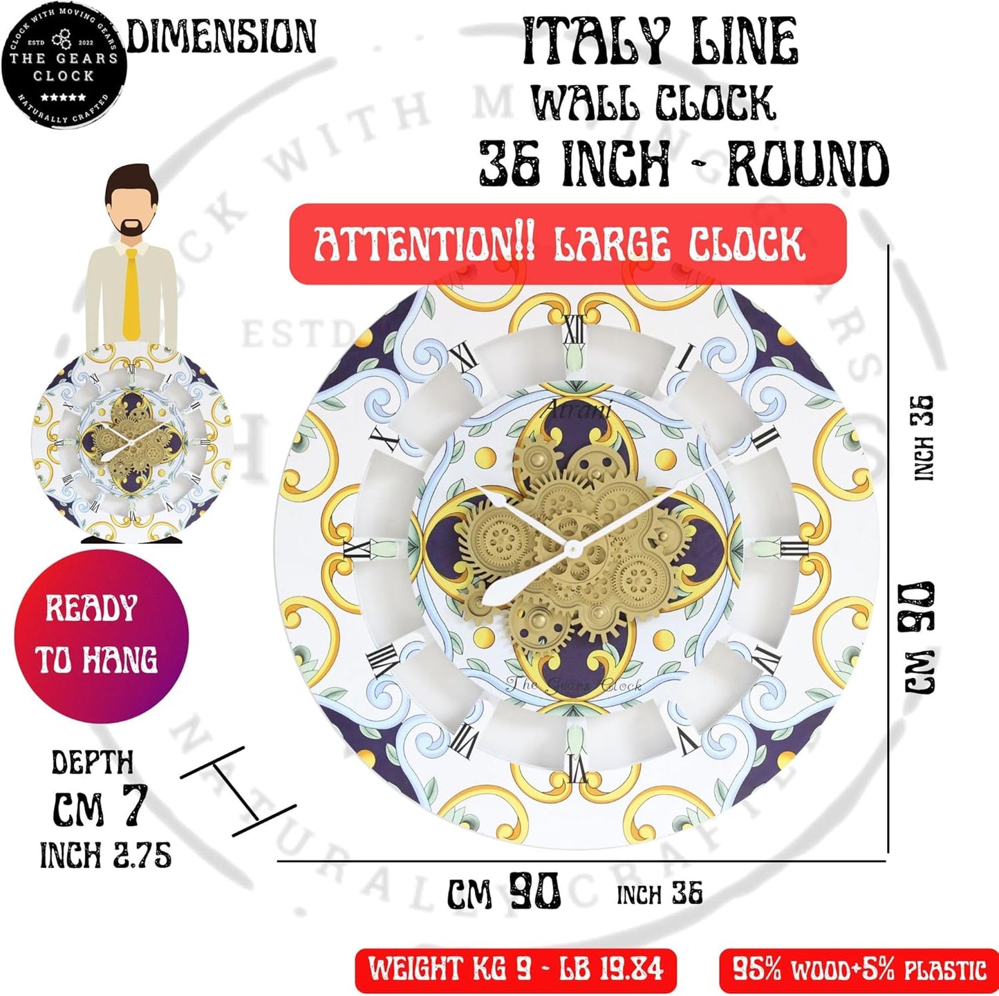 The Gears Clock Wall Clock Italy Collection with Moving Gears (Minori, 36 inch Round)