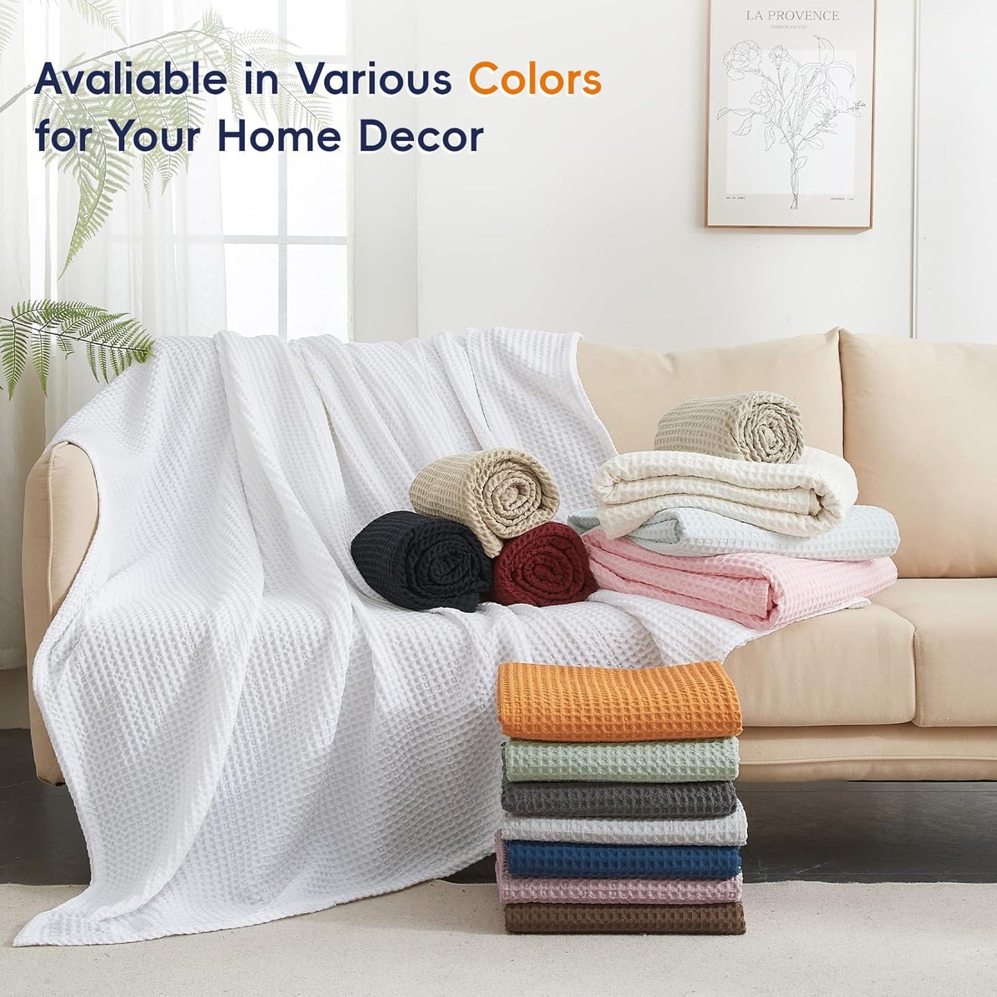 PHF Ultra Soft Waffle Weave Throw Blanket 50"x 60"- Washed Lightweight Breathable Cozy Woven Blanket for Bed - Aesthetic Decor for Couch Bedding Sofa Home Car - Light Khaki/Linen