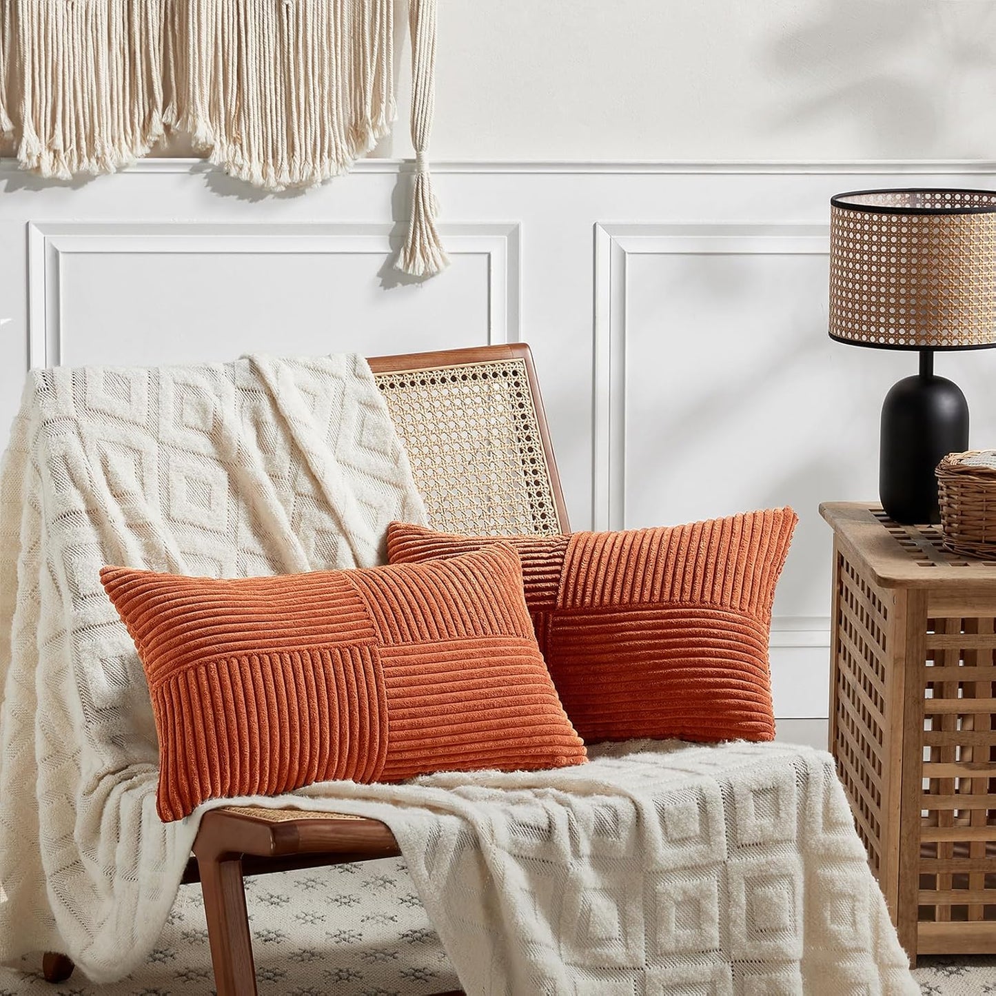 Fancy Homi Set of 2 Burnt Orange Lumbar Decorative Throw Pillow Covers 12x20 Inch for Living Room Couch Bed, Boho Farmhouse Fall Home Decor, Soft Corduroy Corss Patchwork Cushion Case 30x50 cm