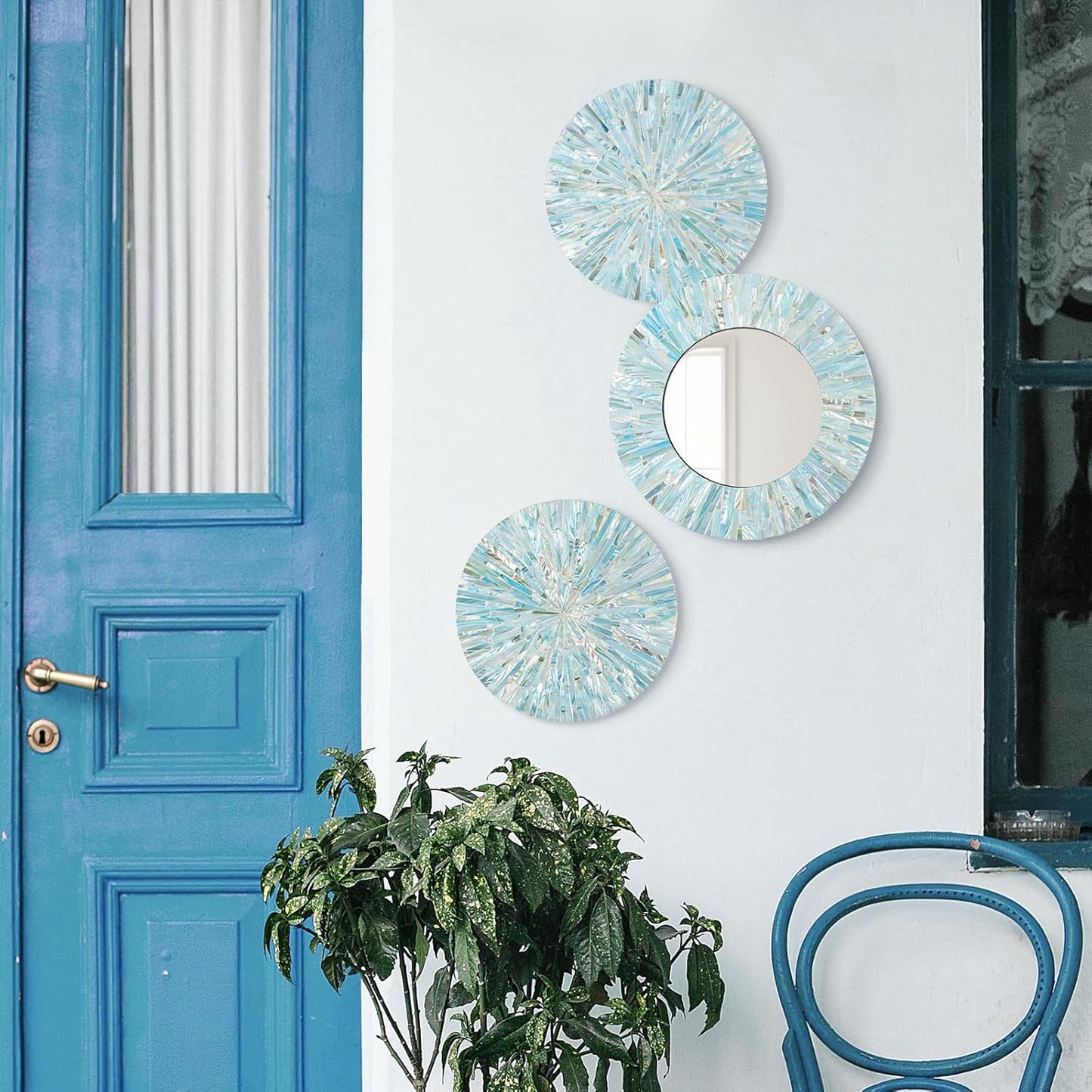 Beach Mirror Wall Decor for Living Room, 3PCS Natural Mother of Pearl Coastal Wall Art Bedroom Bathroom Decoration, Handmade Ocean Round Wall Hanging Sculptures for Home Office Holiday Hotel