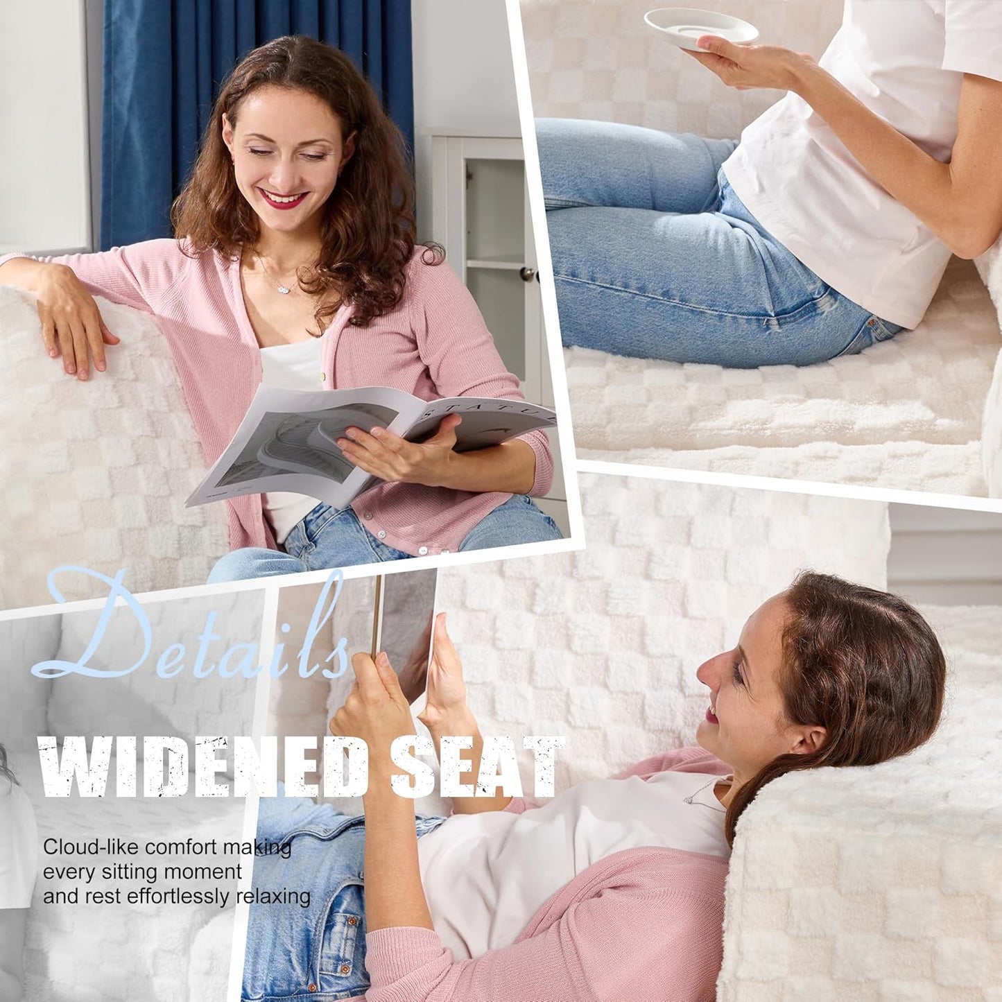 Single Sofa 1 Seat Couch with Deep Seat Memory Foam Cloud Chair with Pillows Large Sofa with L Shape for Living Room Bedroom (Plush White, Single)