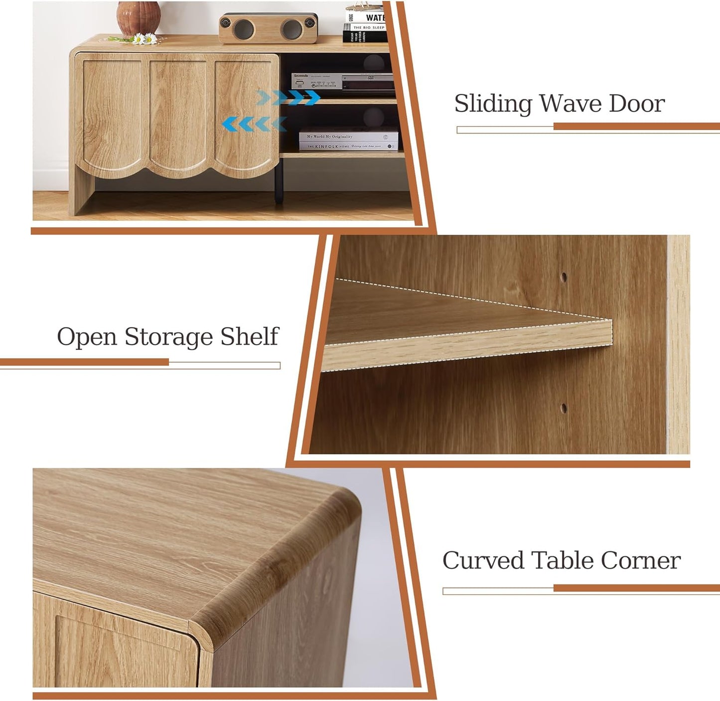 ORRD 63'' TV Stand, Modern TV Console Table Wave Panel Television Stands Entertainment Media Center with Storage Compartment and Sliding Door for Living Room (Natural)