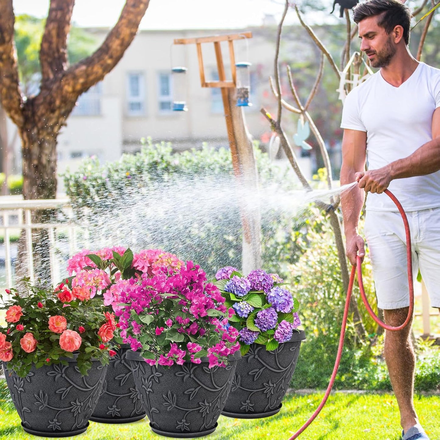 4 Pack 12 Inch Large Flower Pots for Outdoor Indoor, Plastic Plant Pots with Drainage Hole & Saucer, Modern Decorative Garden Pot, Imitation Magnolia Pots for Garden House Planters(Gray)