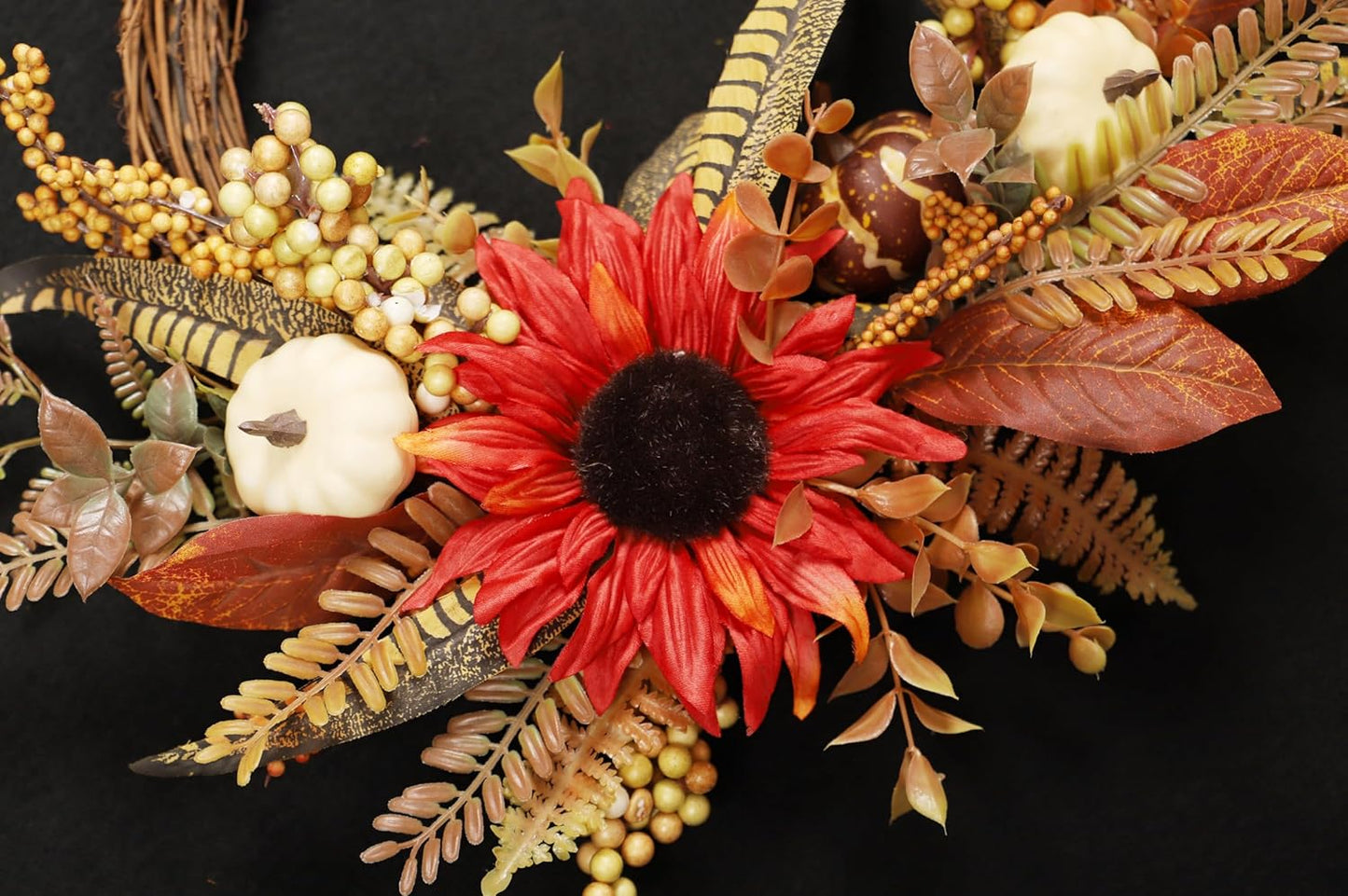 Fall Wreaths for Front Door, Autumn Wreath with Pumpkins, Berries and Leaves for Indoor Outdoor Porch Thanksgiving Farmhouse Harvest Halloween Home Décor (White Pumpkin)