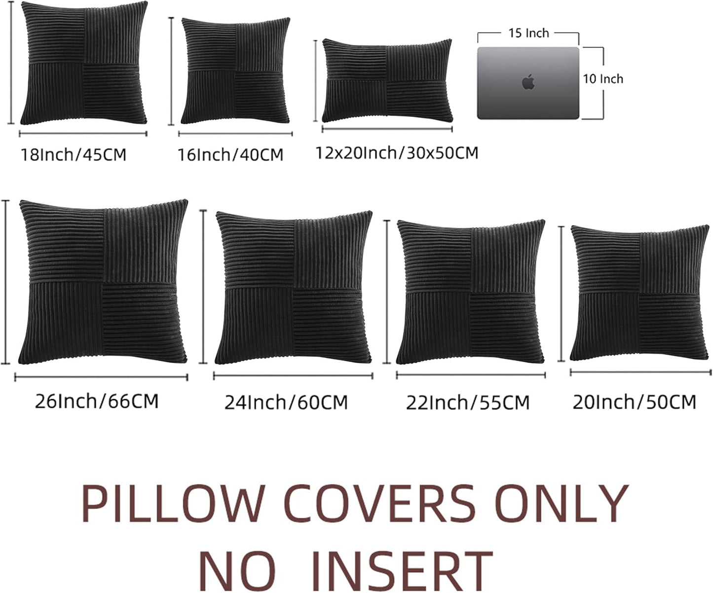 Fancy Homi 2 Packs Black Euro Decorative Throw Pillow Covers 26x26 Inch for Couch Bed Sofa, Rustic Farmhouse Boho Home Decor, Soft Corss Corduroy Patchwork Textured Square Cushion Case 66x66 cm