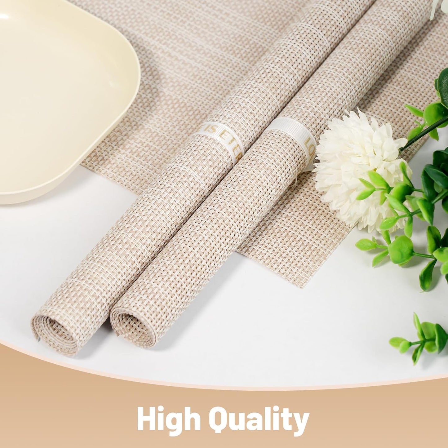 Placemats Set of 6,Non-Slip PVC Weave Table Mats Easy to Clean,Heat Resistant Place Mats for Kitchen Dining Table Decoration Indoor Outdoor,Beige White