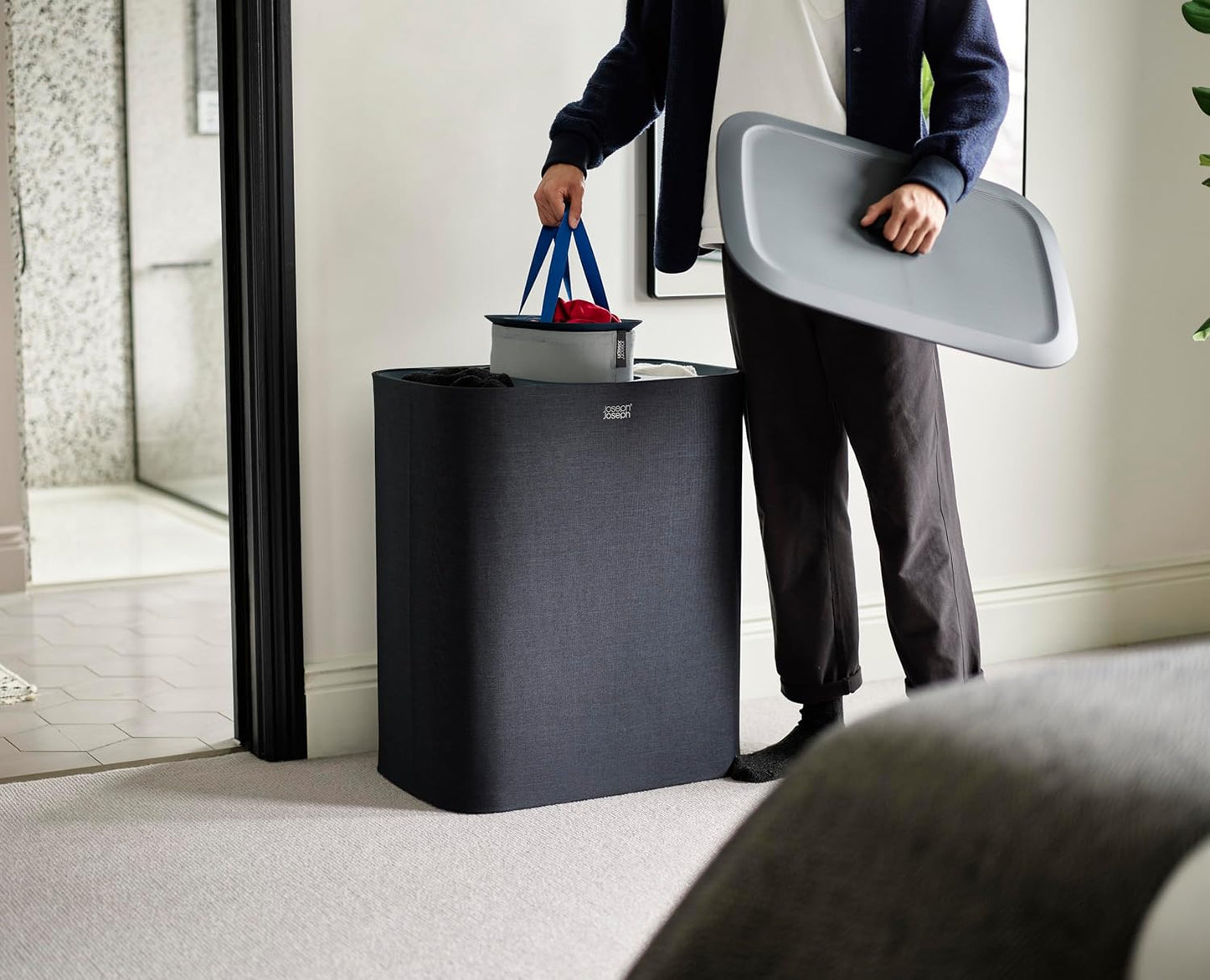 Joseph Joseph Tota Trio 90 liter/23.8 gallon Laundry Hamper Separation Basket with lid, 3 Removable Washing Bags with Handles- Black