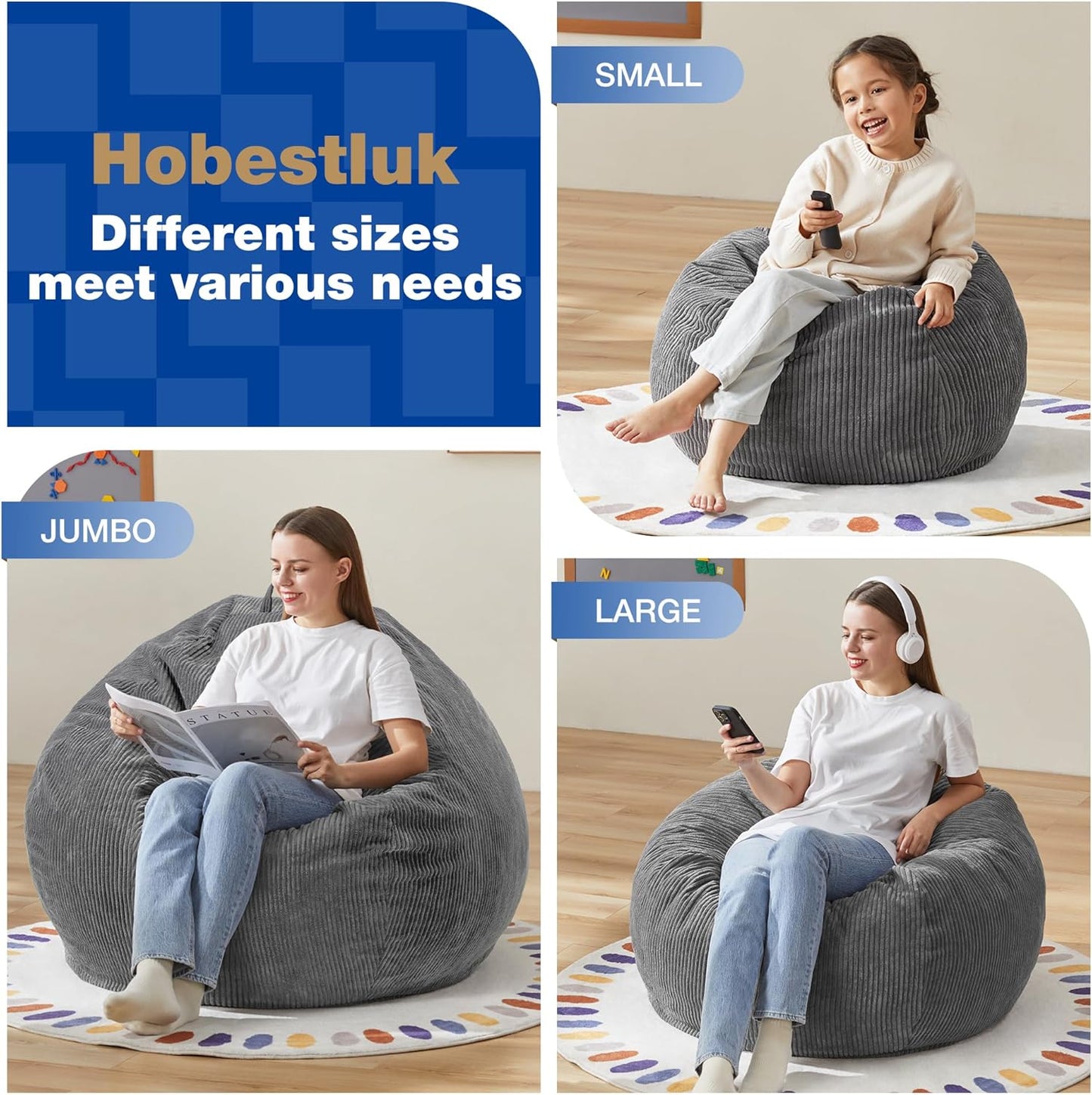 Hobestluk 4.5FT Bean Bag Chair Giant Bean Bag Chair with Filler Included Adult Bean Bag Chairs with Removable Cover for Bedroom Living Room - (Jumbo, Grey)