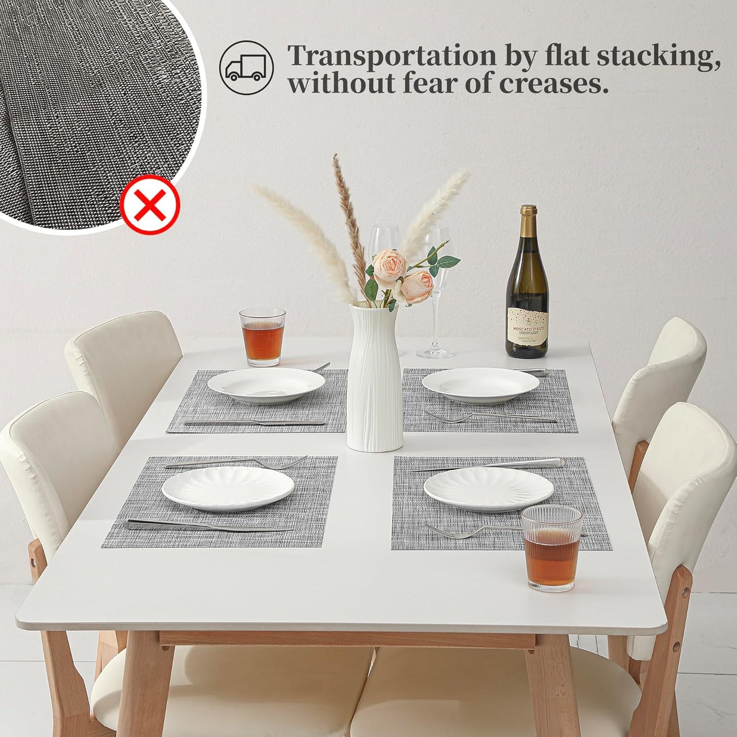 Leetaltree Linen Grey Placemats Set of 8 - Heat Resistant Non-Slip Place mats for Dining Table, Washable Durable PVC Vinyl Woven Table Mats(Linen Grey, 8)