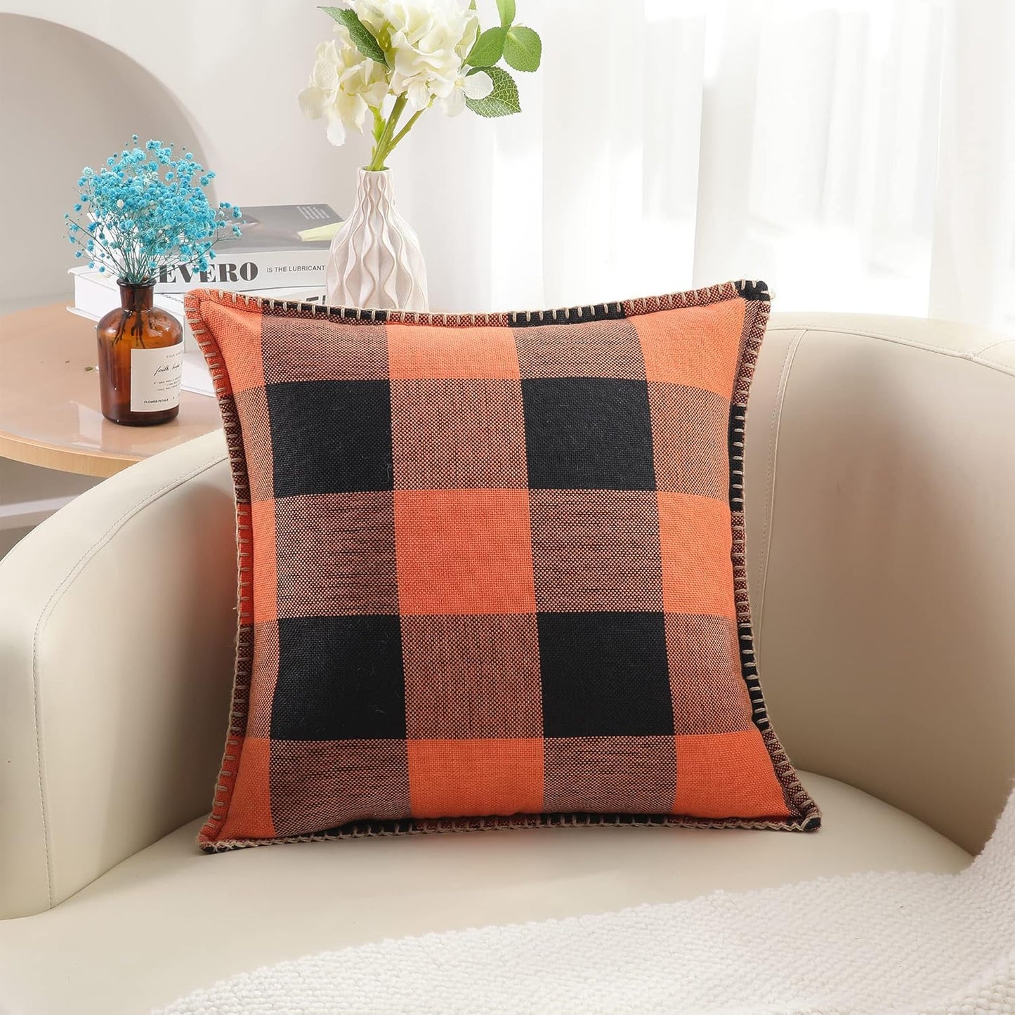 decorUhome Fall Orange and Black Decorative Throw Pillow Covers 16x16 Set of 2, Buffalo Plaid Check Farmhouse Cushion Covers with Stitched Edge for Autumn Harvest Couch Sofa Bed Home Decor