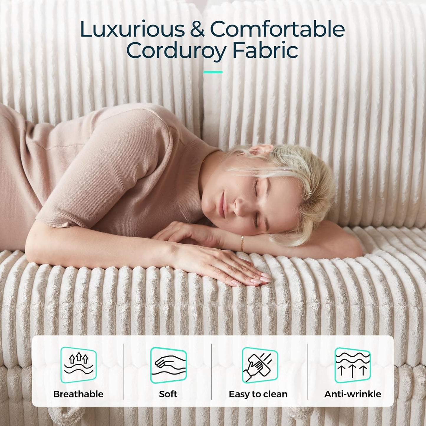 LINSY HOME Loveseat Sofa with Storage - Comfy Plush Corduroy 2 Seater Sofa with USB Charging & Cup Holders, Deep Seat Love Seat for Small Spaces Living Room Bedroom Apartment, Beige