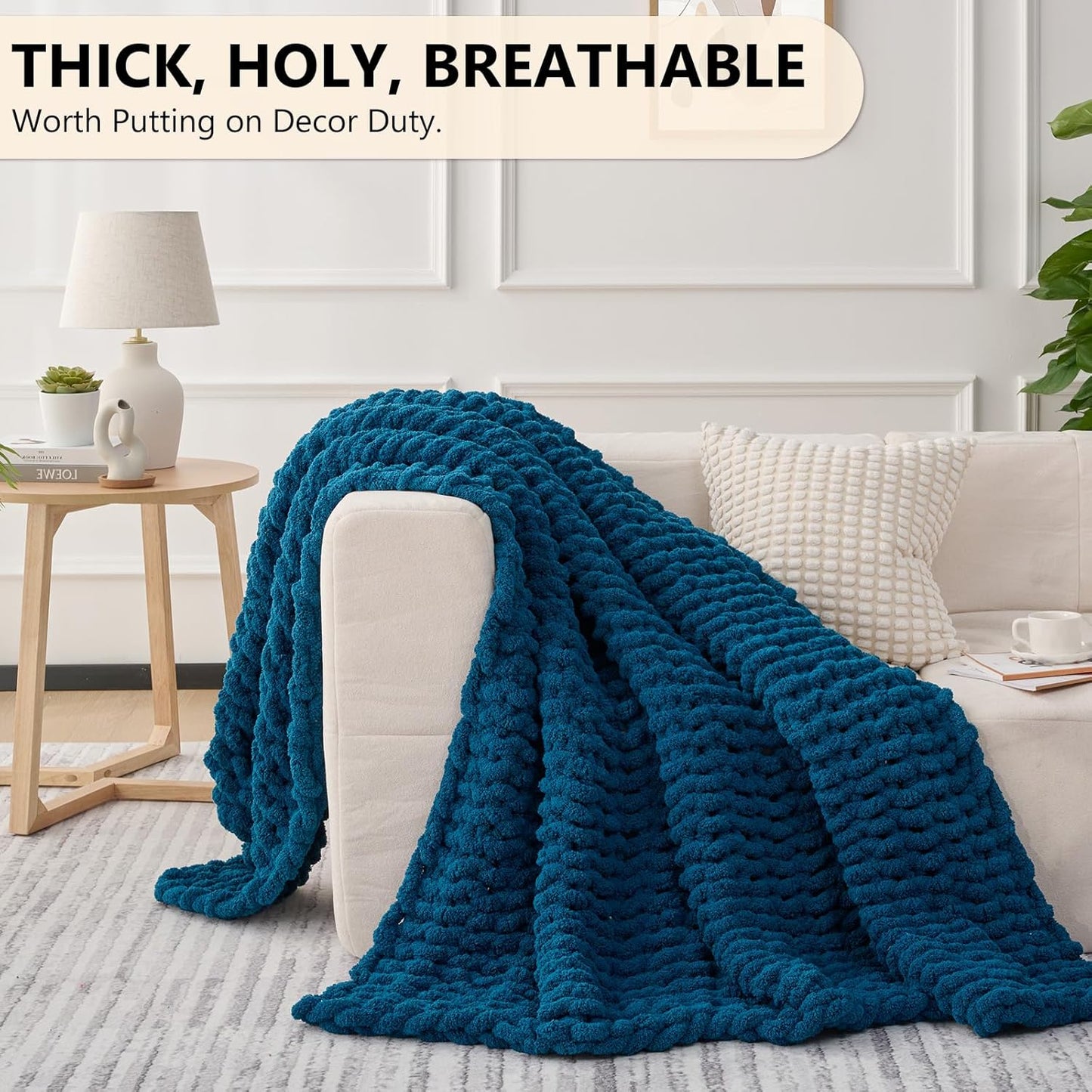 L'AGRATY Chunky Knit Blanket Throw: 80''x90'' Chenille Chunky Knitted Throw Blankets for Bed Couch - Handmade Thick Big Cable Knit Blanket - Large Crochet Rope Blankets for Home Decor(Blue)