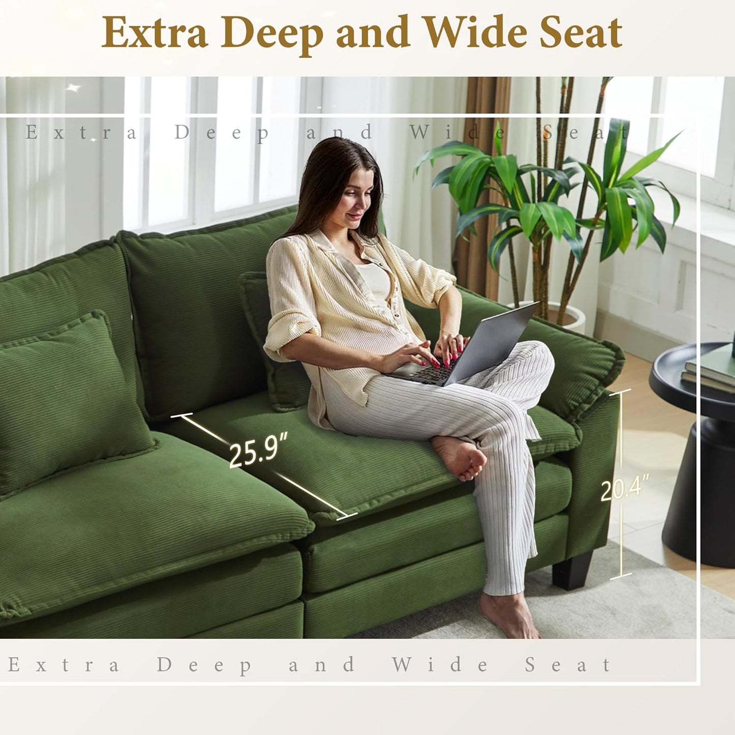 URRED Modular Sectional Sofa Comfy Cloud Couch, Modern Corduroy Sofa Sleeper Deep Seat Couches with Ottoman/Pillows for Living Room (Green, 117''- L Shape)