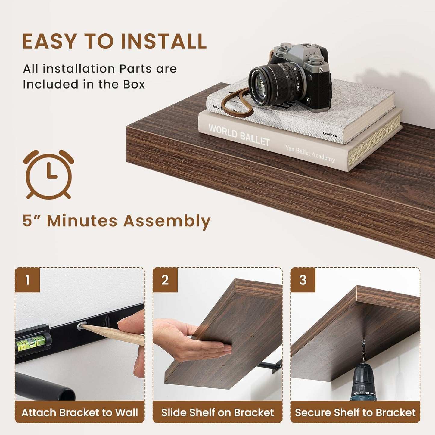 fuqing Floating Shelves for Wall, Bathroom Shelf Wall Mounted for Storage, Shelves with Invisible Bracket for Bedroom, Kitchen, Living Room, Farmhouse Small Book Shelf, 30 Inch Set of 2, Walnut