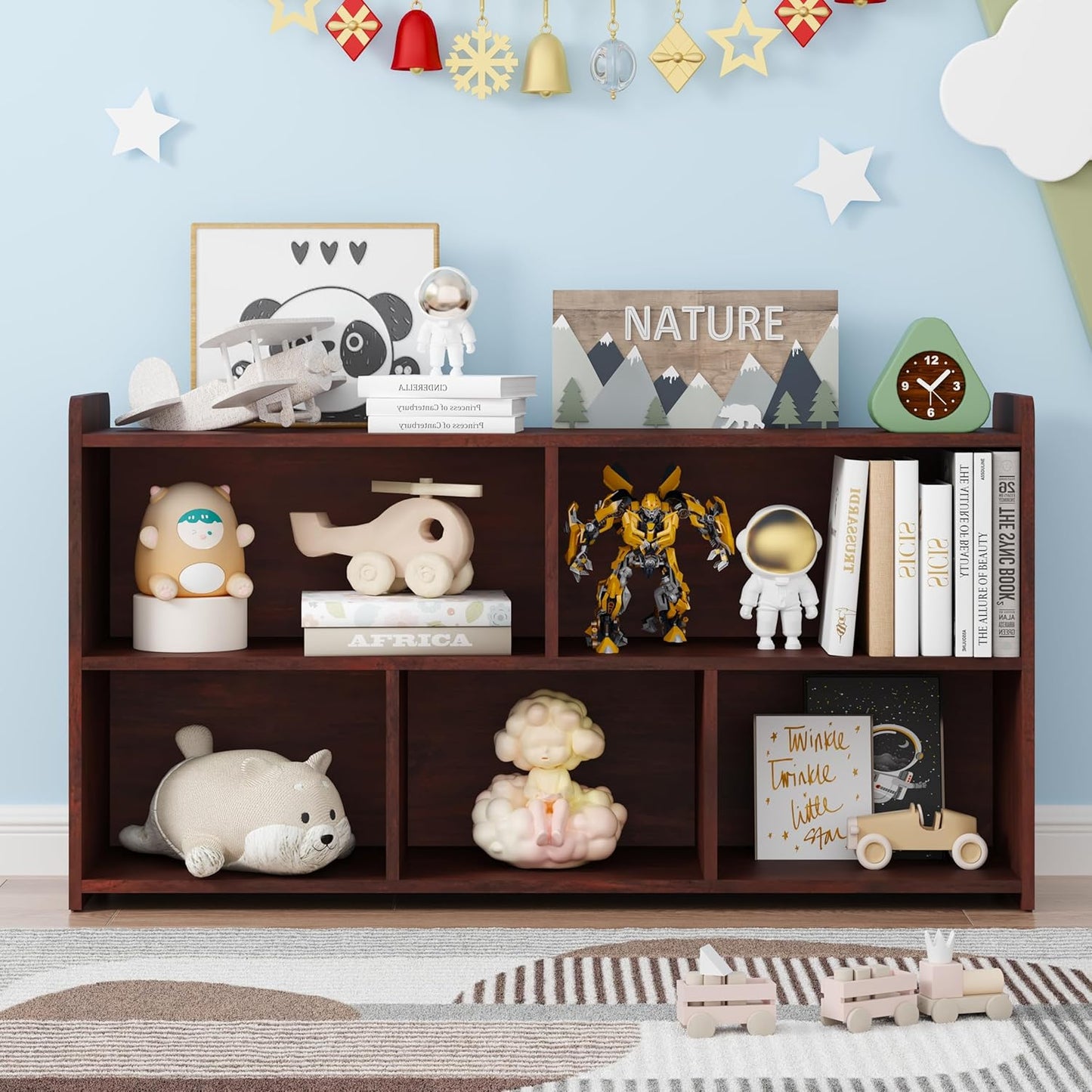 Book Shelf, 5 Cubes Storage Organizer, Open Bookshelf Wooden Bookcase, Freestanding Cherry Bookshelf Cube Shelf for Bedroom, Living Room