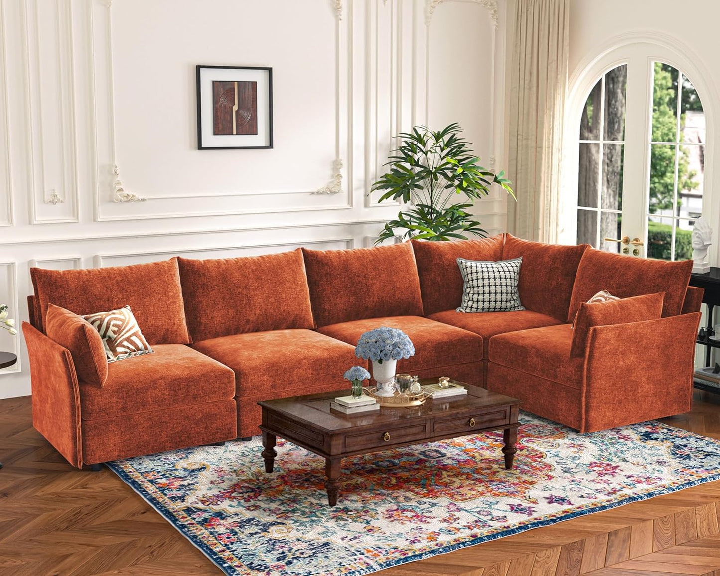 136.4" Oversized Modular Sectional Sofa, U Shaped Convertible Couch with Movable Ottoman, Large 7 Seat Corner Couches for Living Room Deep Seat Terracotta Orange Chenille