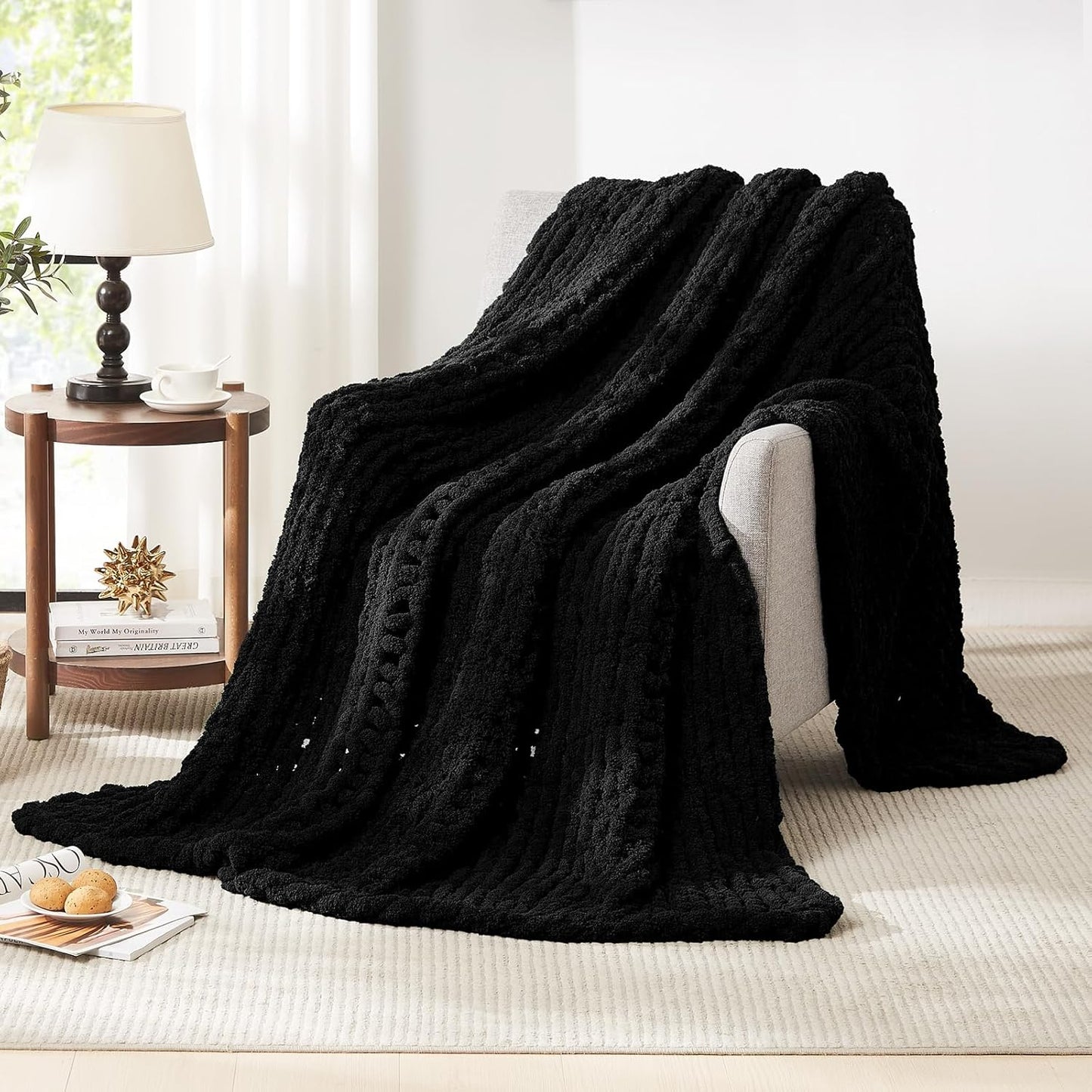 L'AGRATY Chunky Knit Blanket Throw: 72''x84'' Chenille Chunky Knitted Throw Blanket for Bed Couch - Handmade Thick Big Cable Knit Blanket - Large Chunky Crochet Rope Blanket for Home Decor(Black)