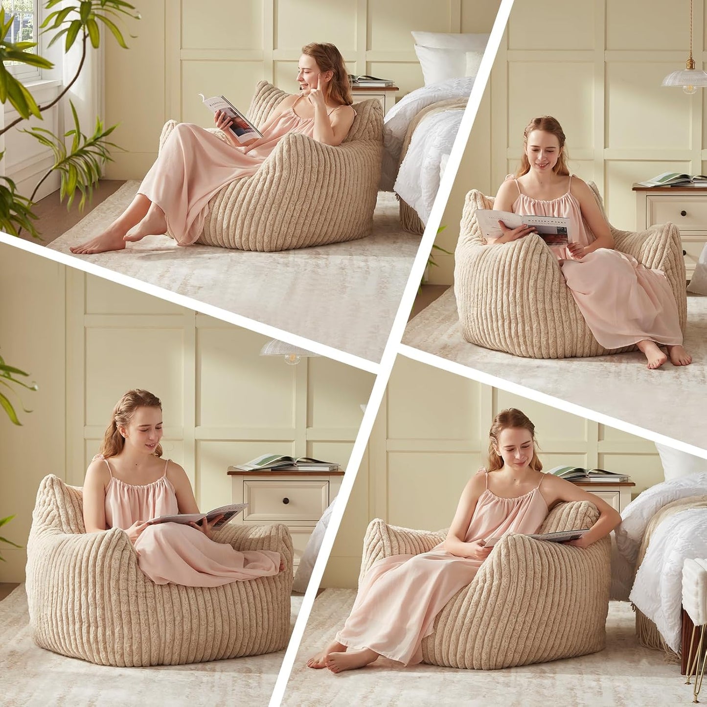 Giant Bean Bag Chairs for Adults Teens, Large Bean Bag Sofa Chairs with Filling Comfy Fuzzy BeanBag Chair with Armrests for Bedroom Living Room Reading