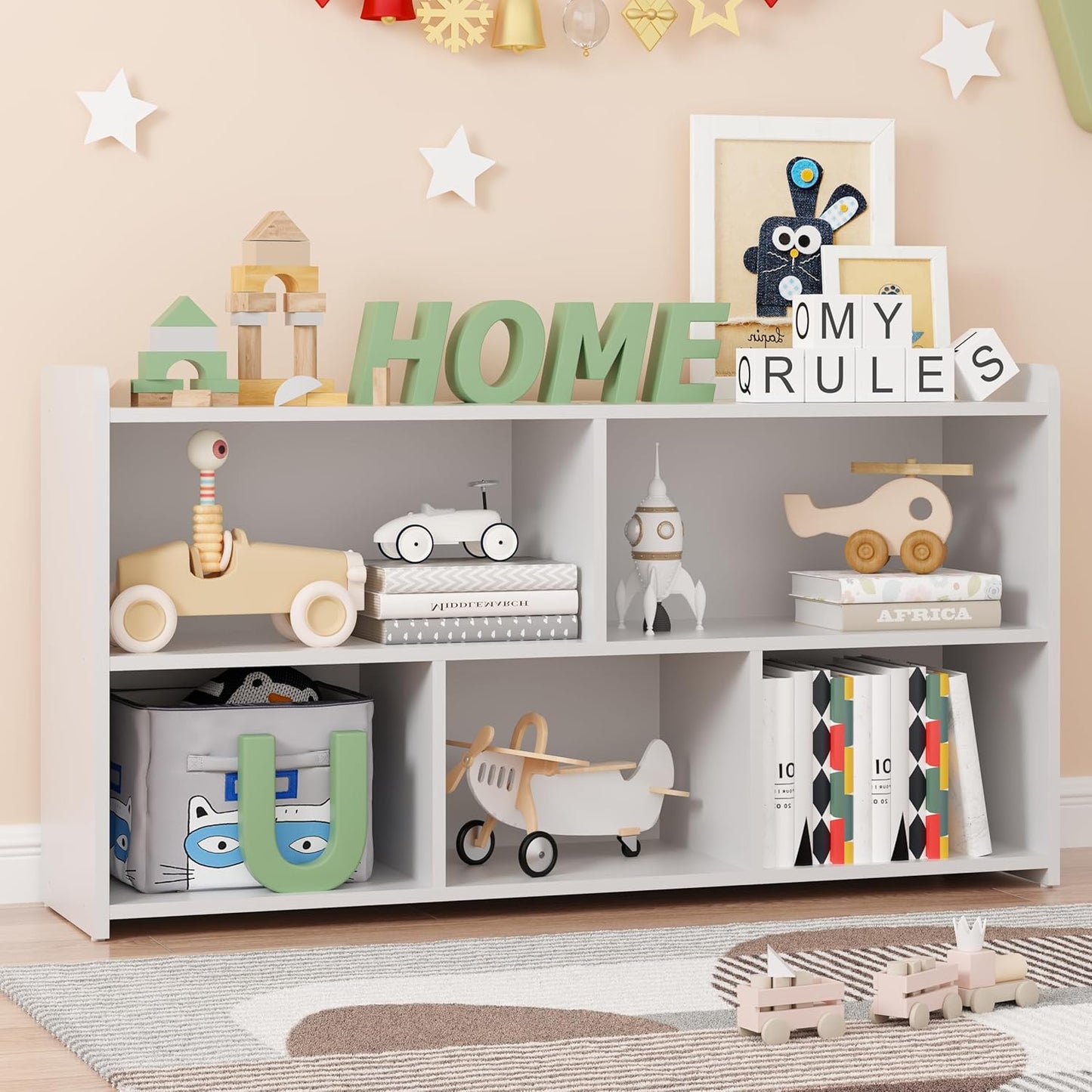 Book Shelf Set of 2, 5 Cubes Storage Organizer, Freestanding White Bookshelf Cube Shelf for Bedroom, Living Room, Home Office, Open Bookshelf Wooden Bookcase