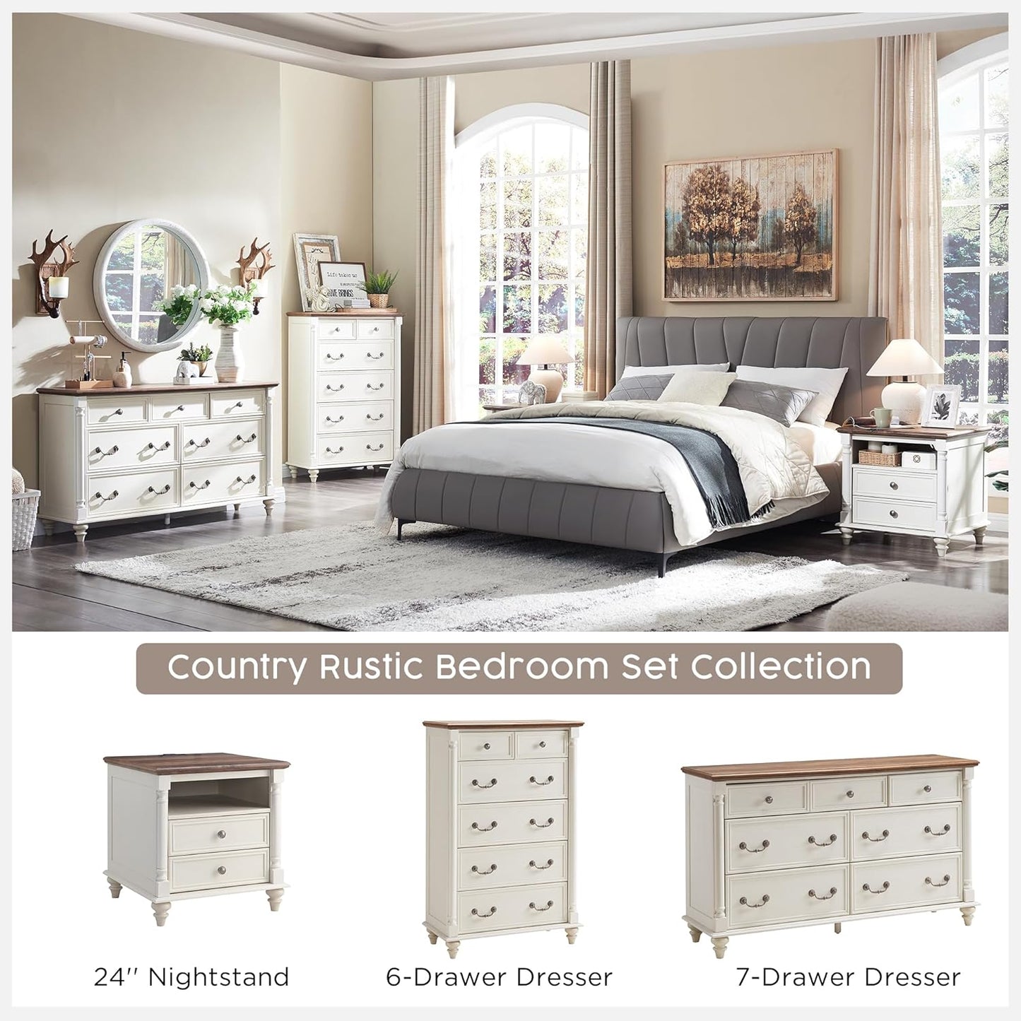 T4TREAM 24'' Farmhouse End Table w/4 Solid Wood Feet, Large 2 Drawers Wide Sofa Side Table with Charging Station, Tall Rustic Wood Square Nightstand for Living Room, Bedroom, Office, Antique White