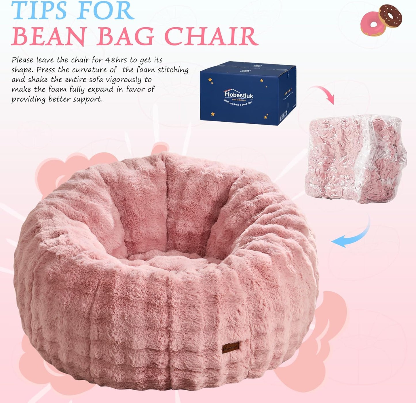 Hobestluk Bean Bag Chair Oversized Bean Bag Chair for Adults Donut-Shaped Large Bean Bag with Spacious Design for Living Room Bedroom or Reading Nook (Bubble Pink)