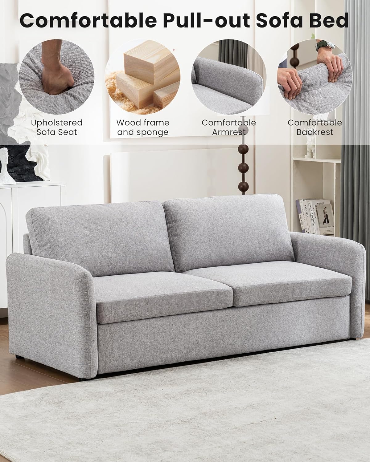 Queen Size Pull Out Sofa Bed, 2 in 1 Convertible Sleeper Sofa Couch with Pullout Bed, Memory Foam Mattress for Living Room Office, Space-Saving, Light Grey