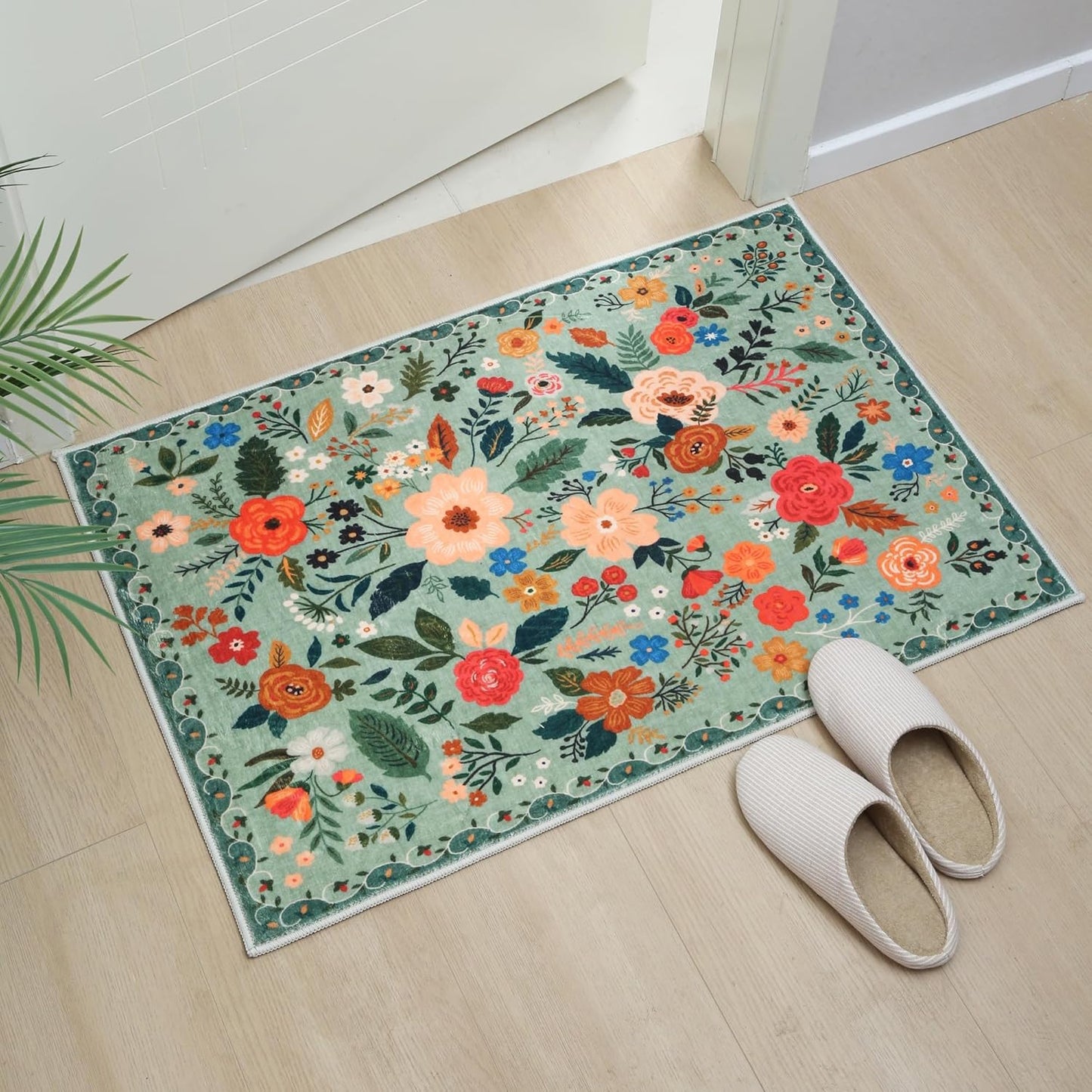 Door Mat Indoor Entrance 2x3 Rug Machine Washable Boho Floral Small Area Rug Non-Slip Low Pile Throw Rugs for Entryway, Kitchen, Front Door Indoor Entrance, Entry, Kids Room (Green)
