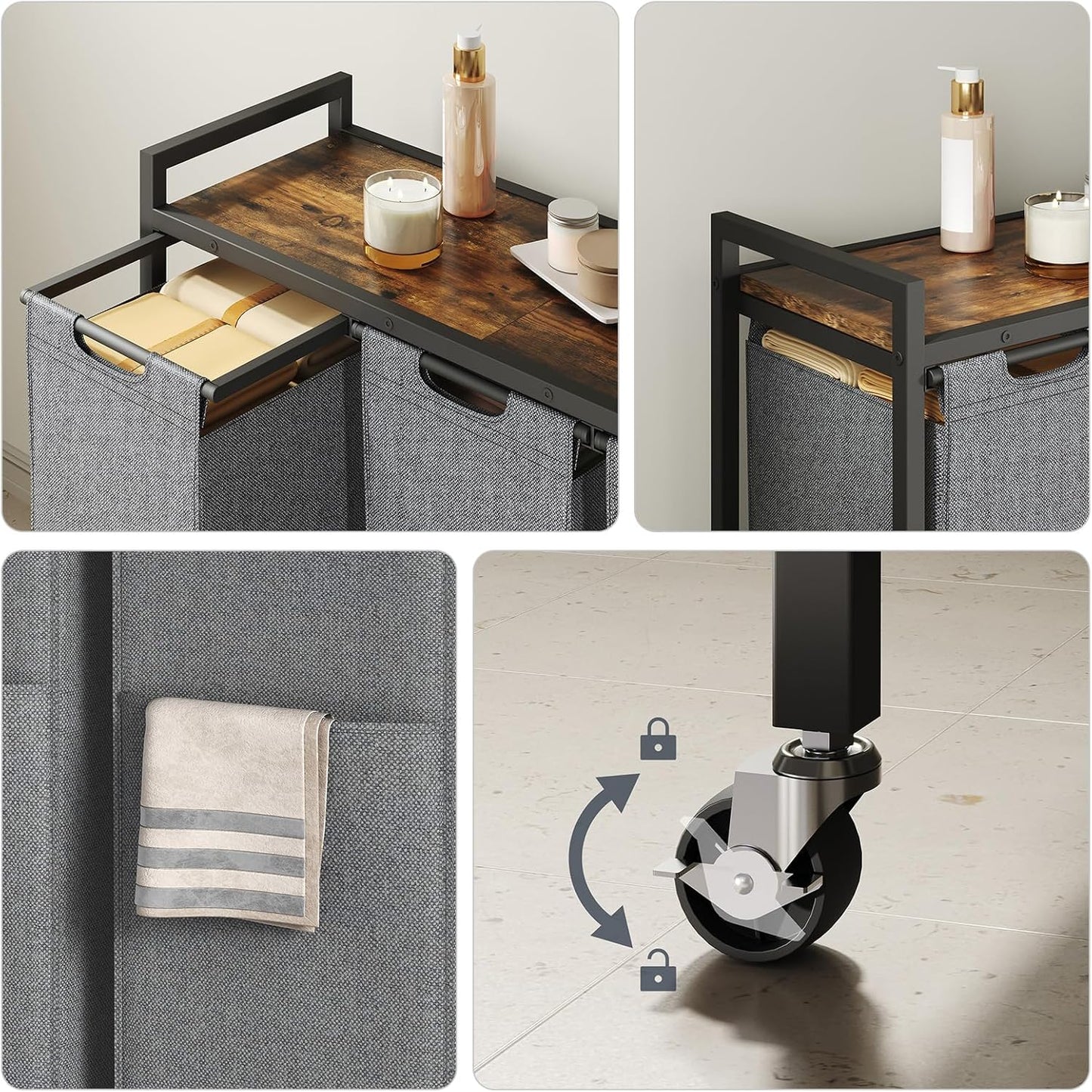 HOOBRO Laundry Sorter 3 Section, Laundry Hamper with Wheels, 3 × 11.5 Gal (43.4L), Rolling Laundry Basket, Pull-Out and Removable Oxford Fabric Laundry Bags, Rustic Brown and Grey BFG76XY01