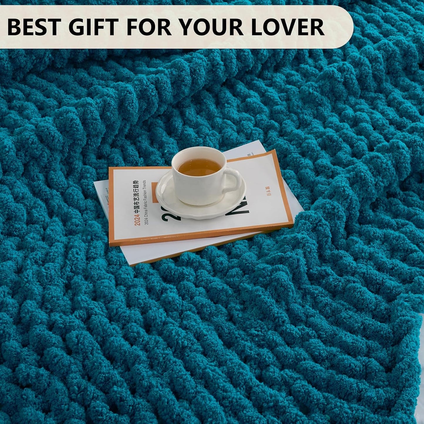 L'AGRATY Chunky Knit Blanket Throw: 60''x80'' Chenille Chunky Knitted Throw Blanket for Bed Couch - Handmade Thick Big Cable Knit Blanket - Large Crochet Rope Blanket for Home Decor(Teal)