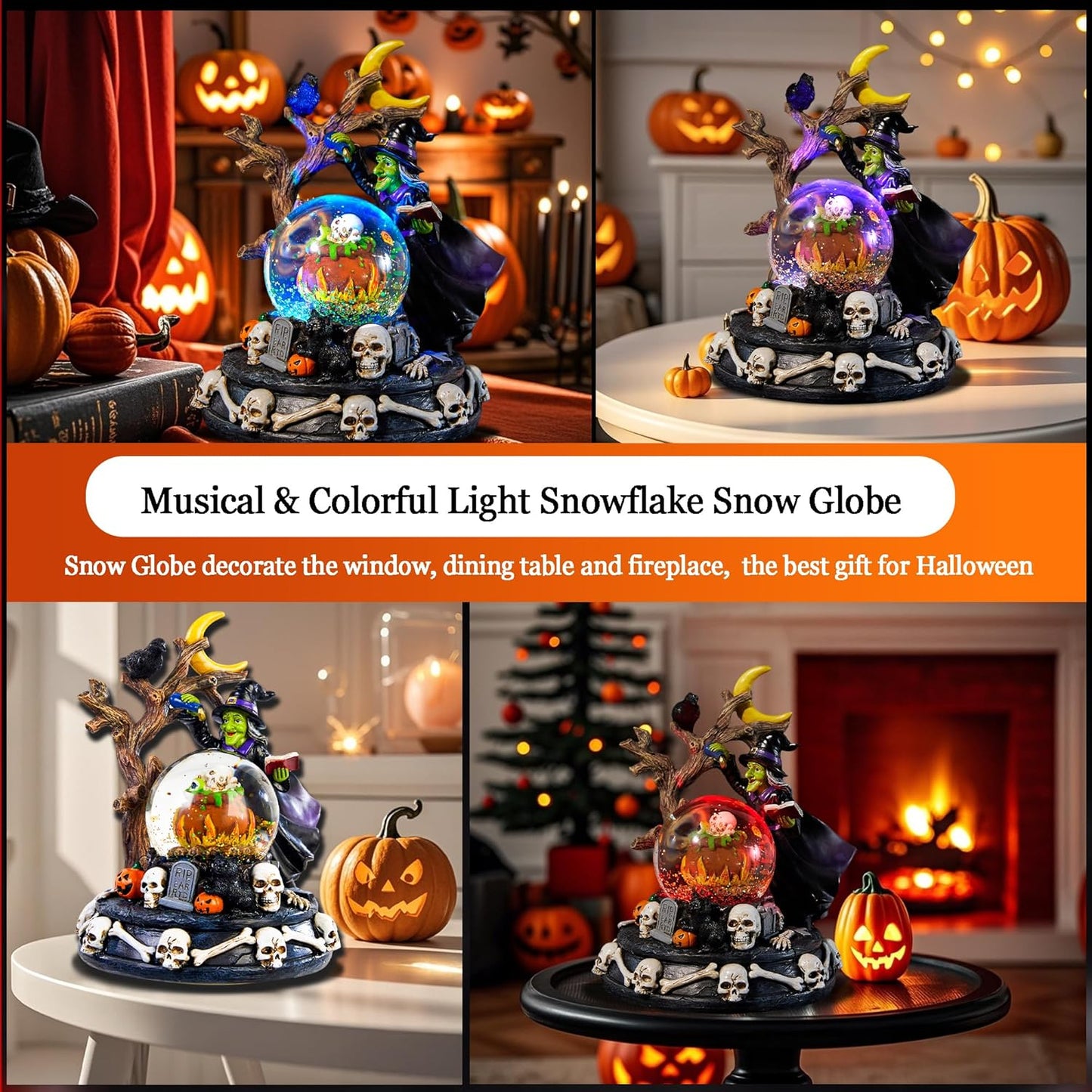Halloween Snow Globe Lantern with Music - Lighted Witches, Ravens, Pumpkins & Black Cat Glitter Lantern, Witch Black Cat Halloween Decorations Indoor for Spooky Party Home Décor