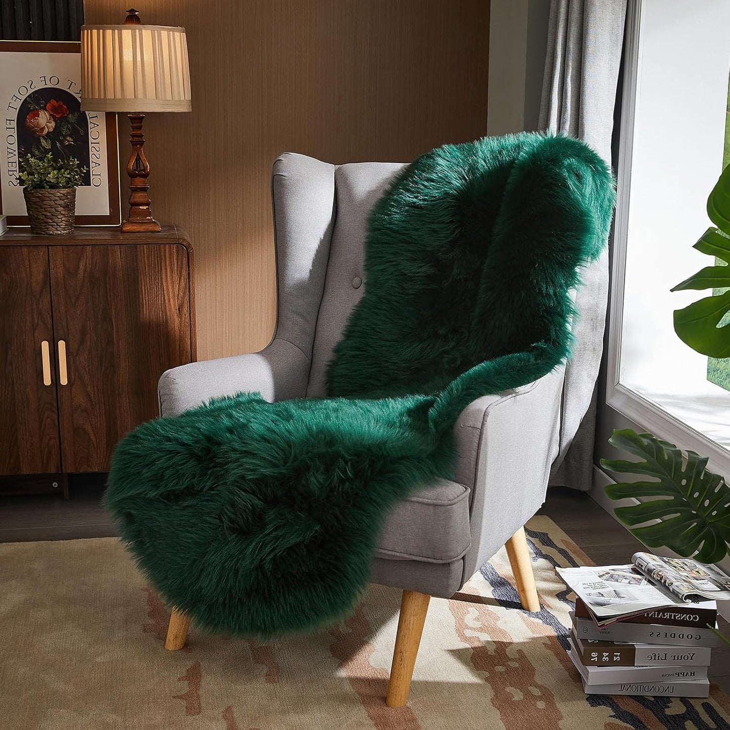AMTOVO Faux Sheepskin Rug, Dark Green Ultra Soft Fluffy Shag Area Rug, 2 x 6 ft Faux Fur Rug for Bedroom Sofa Throw Cushion Room Decor, Sheepskin