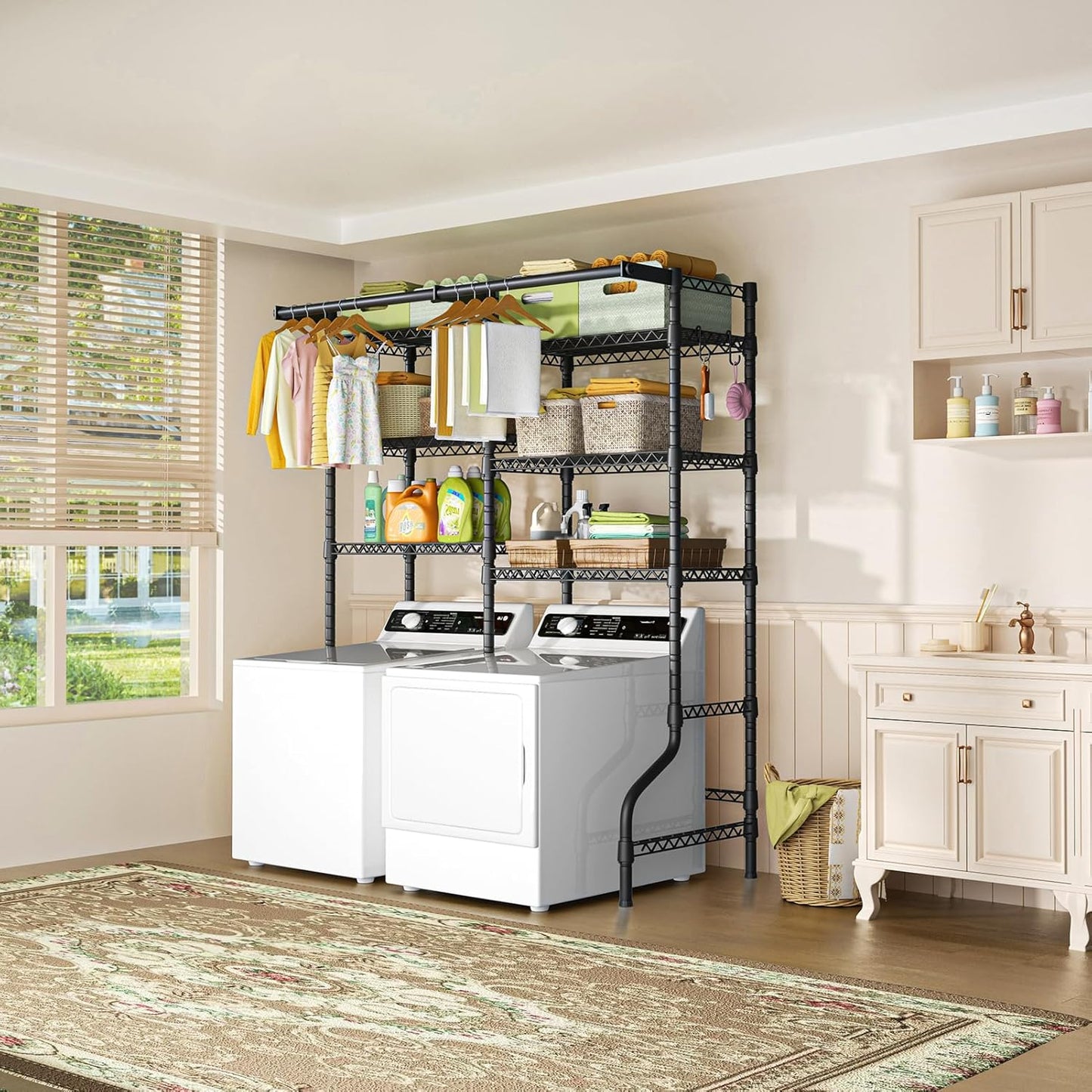 Ulif U13 Medium Over Washer and Dryer Storage Shelves, 6 Tiers Laundry Room Standing Shelf with 2 Hanger Rods, Space Saver Clothes Drying Rack, 57.8" W x 22" D x 77.4" H, Black