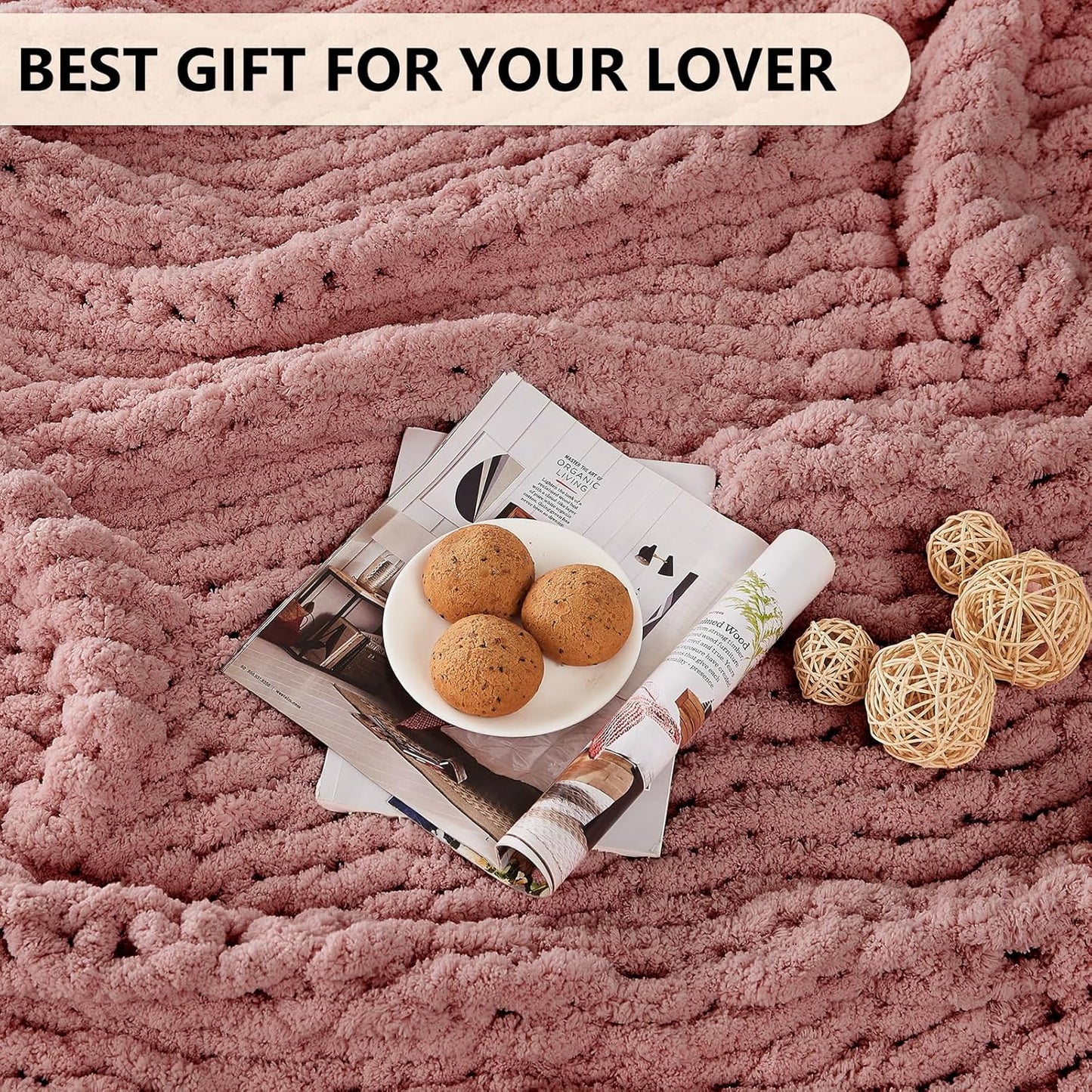 L'AGRATY Chunky Knit Blanket Throw - Soft Chunky Throw Blanket 50x60: 100% Hand Kintted Chenile Crochet Throw Blanket for Couch - Large Cable Knit Chunky Blanket for Home Decor(Rose Pink)