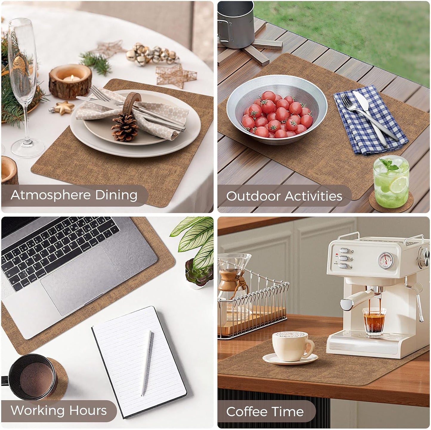 Vinyl Placemats Set of 4, Faux Leather Waterproof and Heat Resistant Place Mats, Washable Anti-Slip Table Mats with Coaster, Wipeable Placemats for Indoor & Outdoor 17" x 12" (Light Brown, Set of 4)