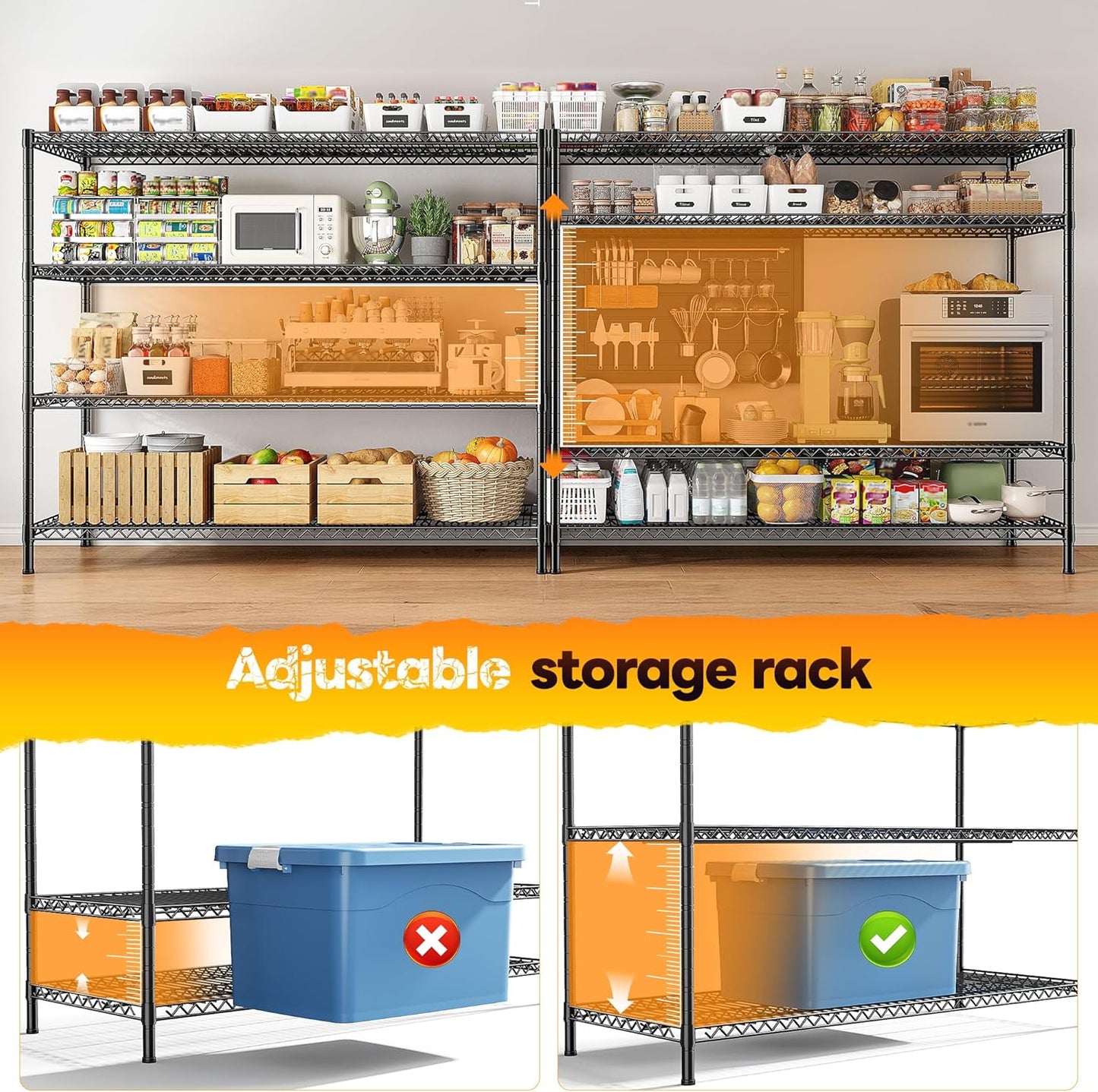 REIBII 2560LBS Storage Shelves 55.5"W Metal Shelving Unit 4 Tier Wire Shelving Commercial Adjustable Garage Shelving Heavy Duty for Storage Rack for Pantry, Garage, Kitchen,55.5"W x 18"D x 55.5"H,2PCS