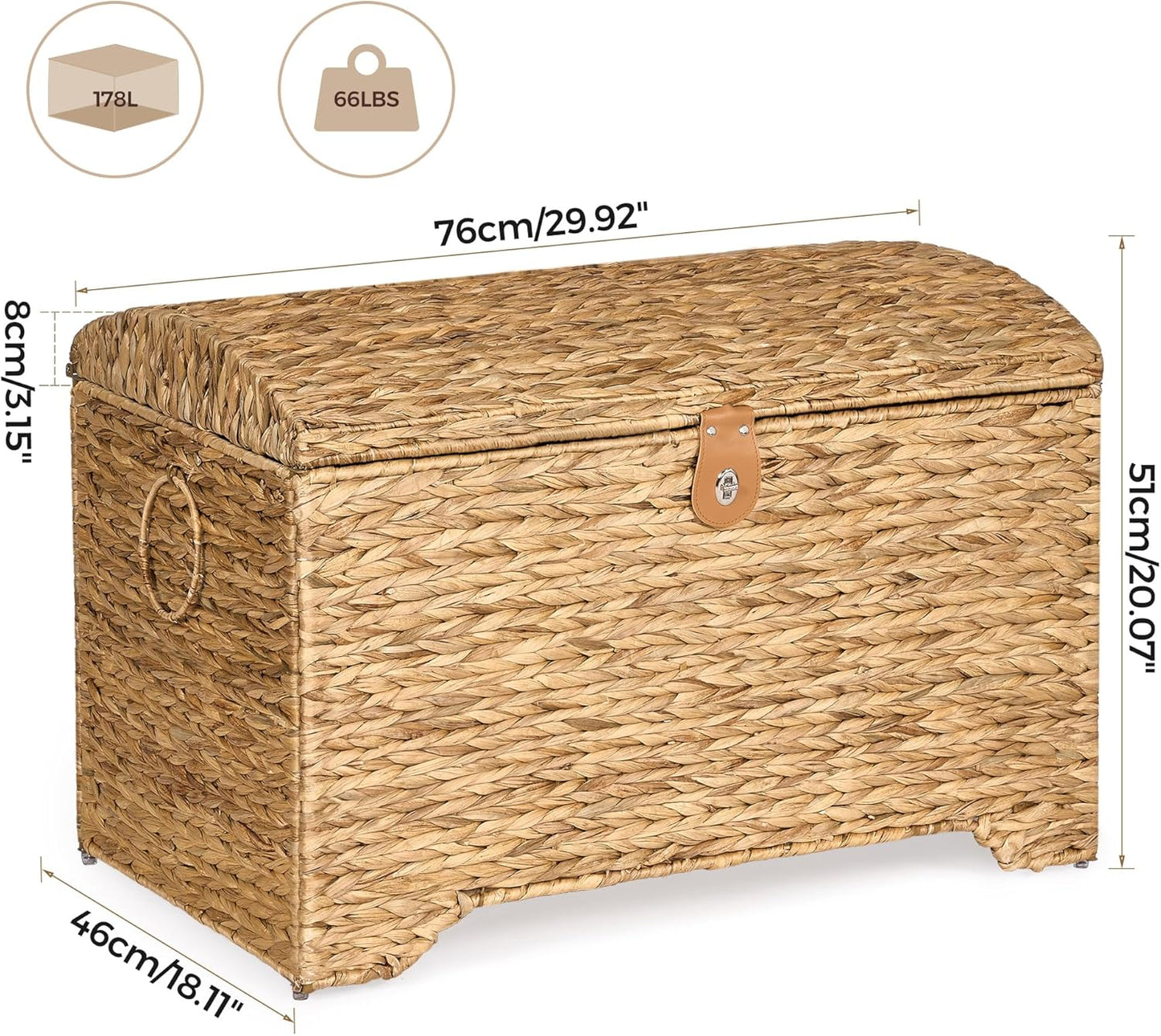 Handwoven Storage Basket with Lid, 178L Wicker Storage Bin, Natural Water Hyacinth, Leather Buckle & Metal Frame, Metal Ring Handles for Easy Transport, Storage Chest & Trunk for Bedroom, Living Room