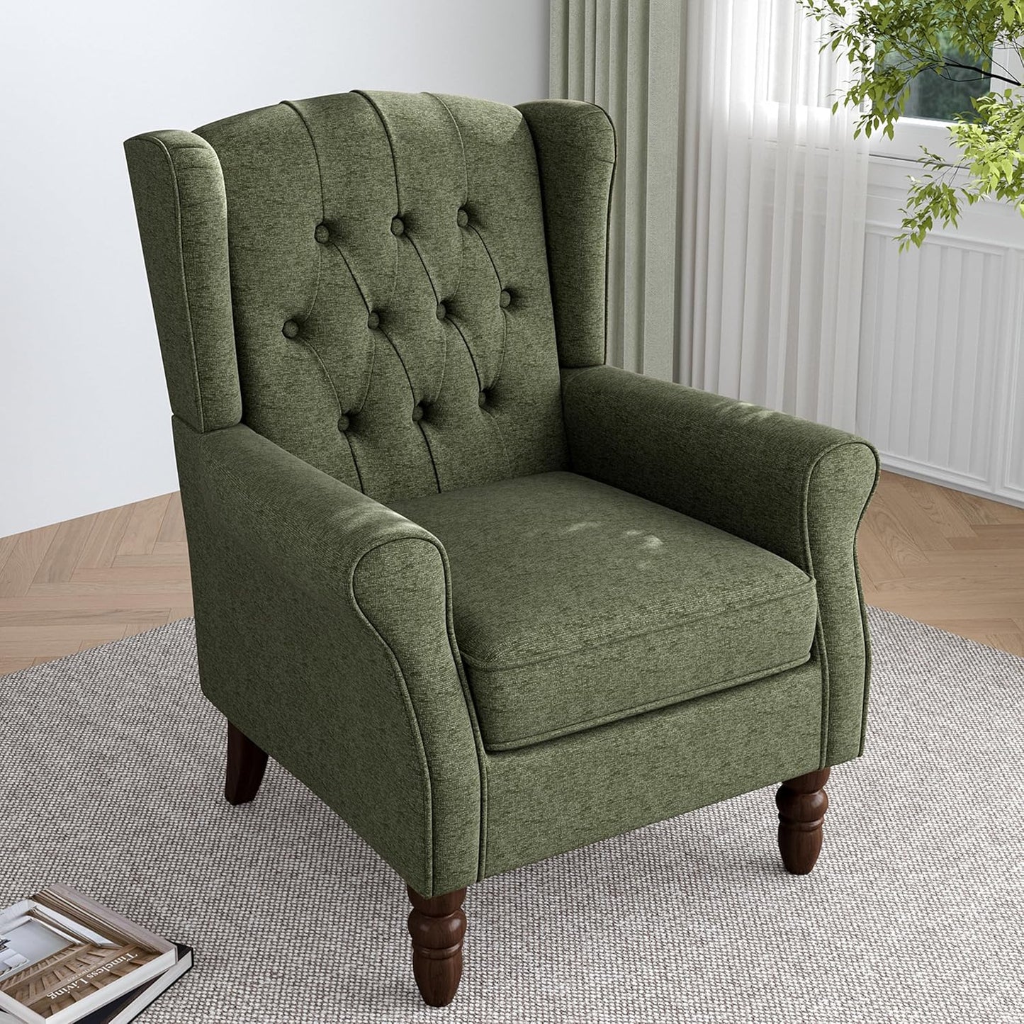 Lumibee High Back Accent Chair,Upholstered Wingback Armchair with Solid Wood Legs for Small Spaces,Comfy Single Sofa Chair for Living Room,Bedroom,Office-Green