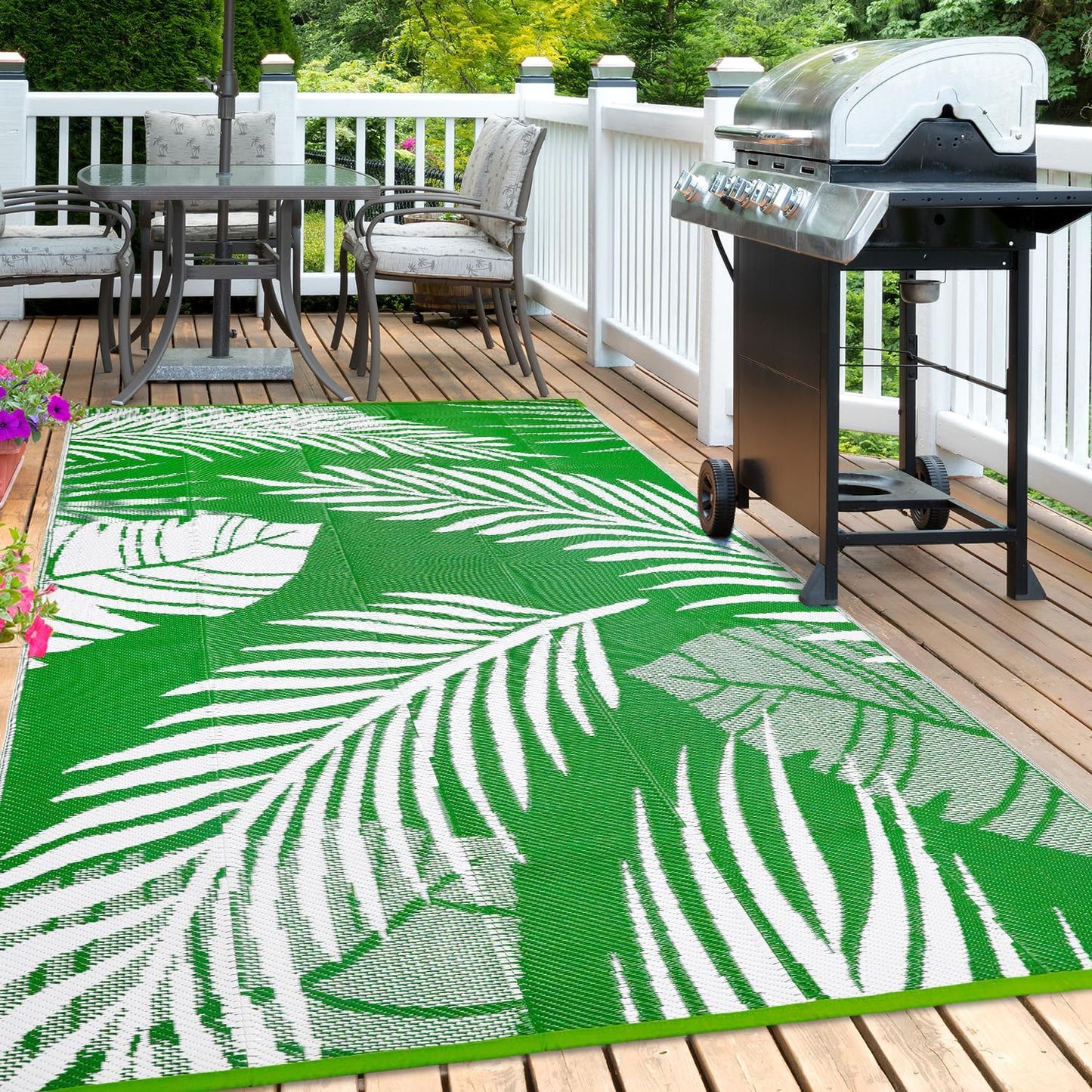 Waterproof Outdoor Rug 6x9ft, Green Leaf Reversible Plastic Straw Mat for Patio RV Deck Porch Backyard Balcony Camping Picnic Beach Indoor Outdoor Carpet, Green&White