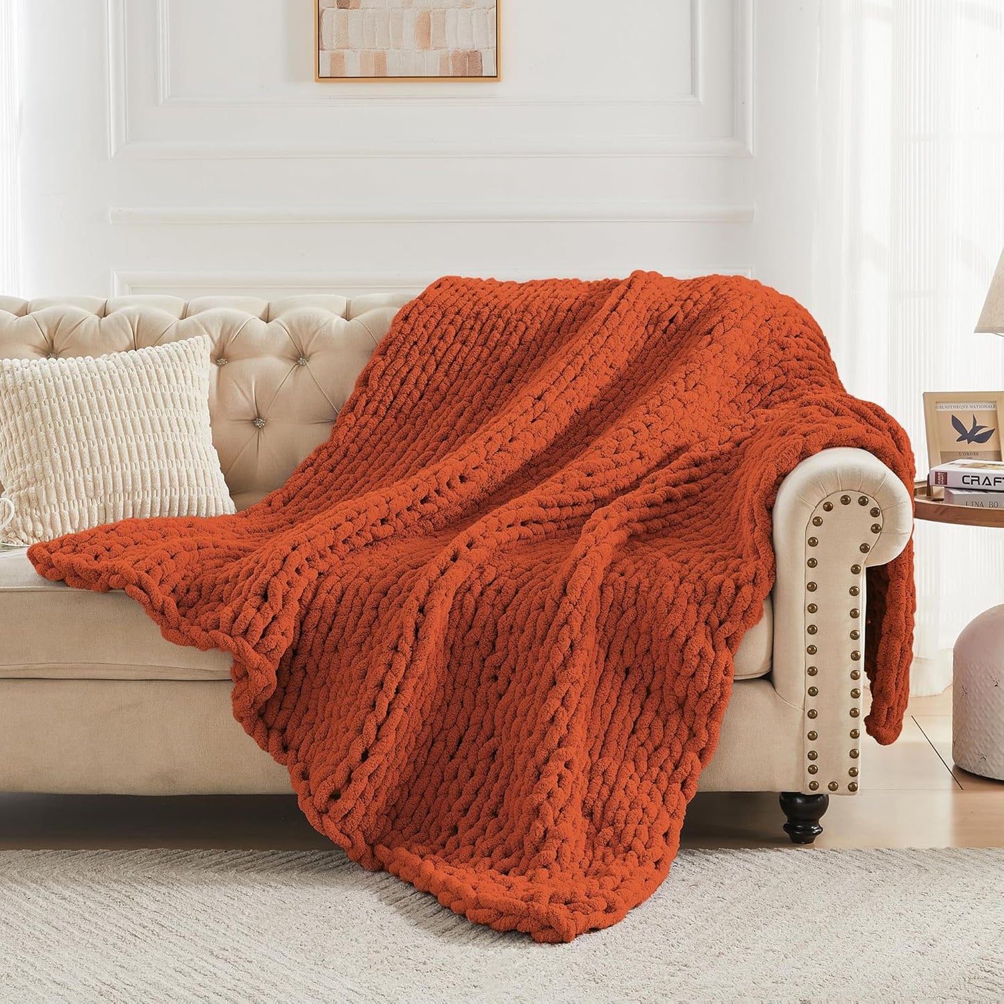 Carriediosa Chunky Knit Throw Blanket 60" X 80" Twin, 100% Hand Made Large Chenille Loop Yarn Soft Fluffy Throws for Couch Sofa Bed, Big Crochet Cozy Heavy Thick Cable Woven Blankets, Rust